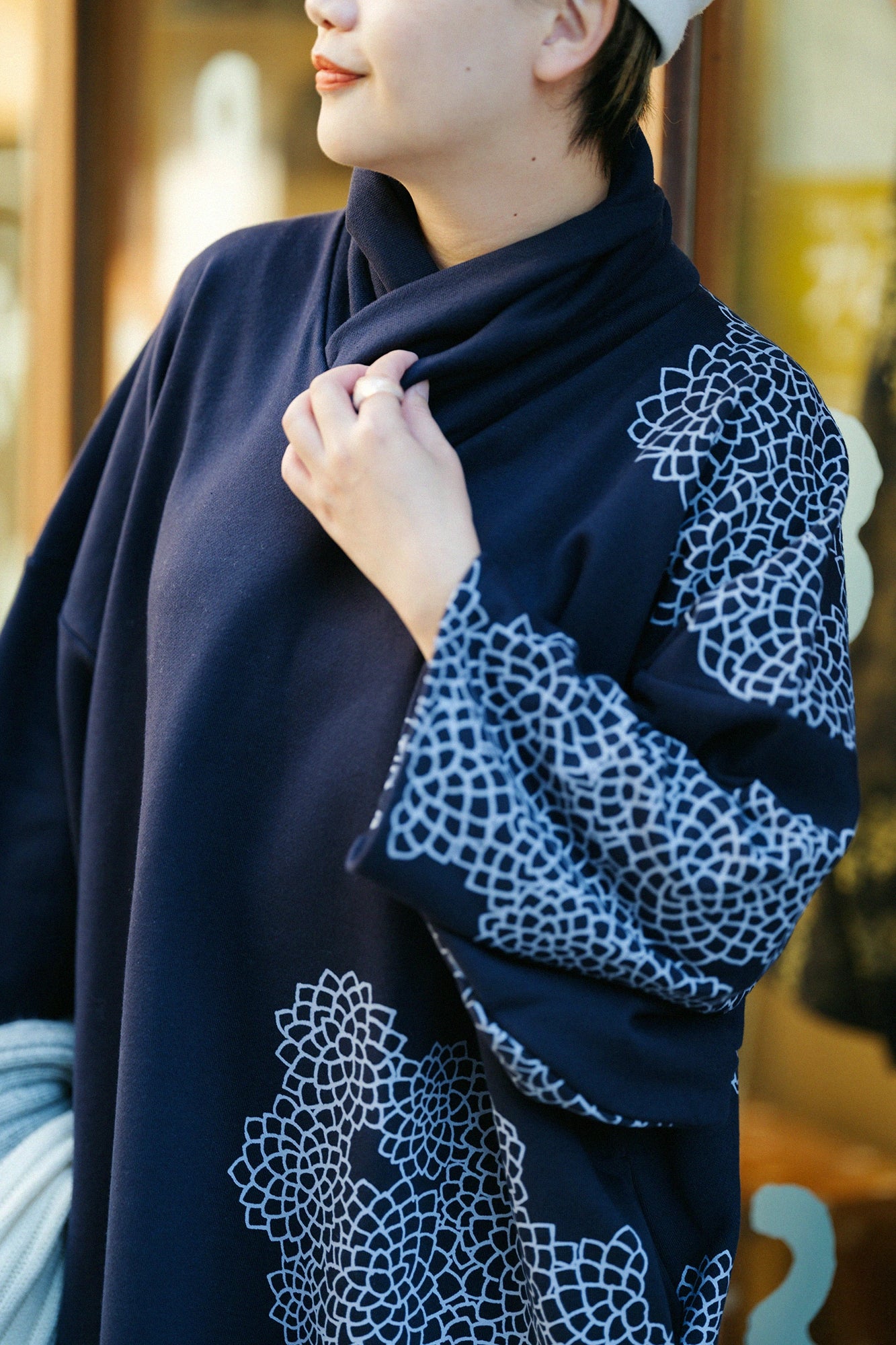 Fleece Turtle Neck Naginata Rectangular Dress / Chrysanthemum in Clouds and Blank Dark Blue