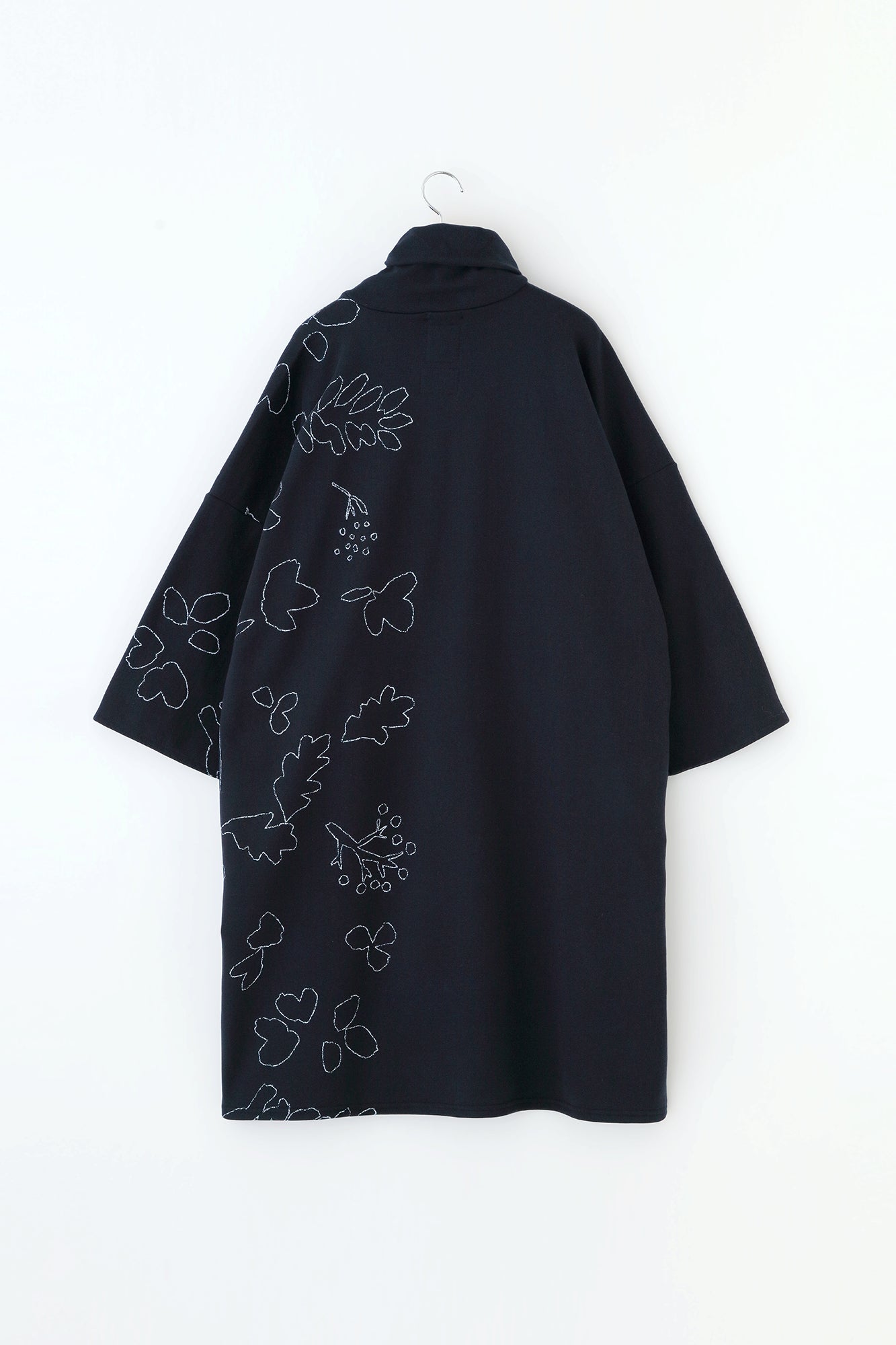 內抓毛 高領圓弧袖長方形洋裝/里山 搖曳和留白 深藍色