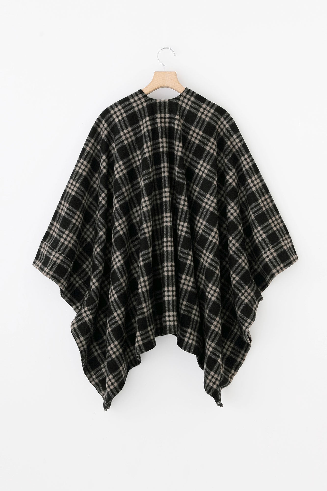 梳毛 格紋織 如月披風斗篷/黑色×榛果色