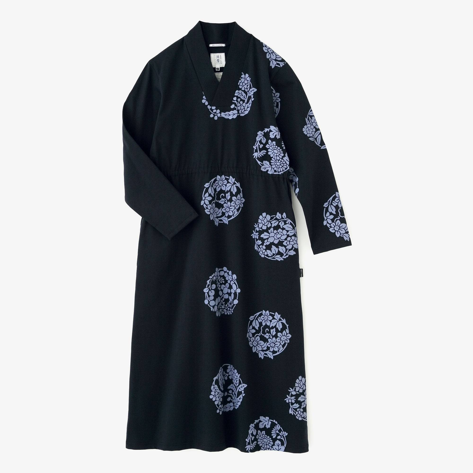 60-count Double Yarn Jersey Knit Seba Fubi Kimono Collar Long Dress / Harumaru Pattern Scattered and Blank Dark Blue