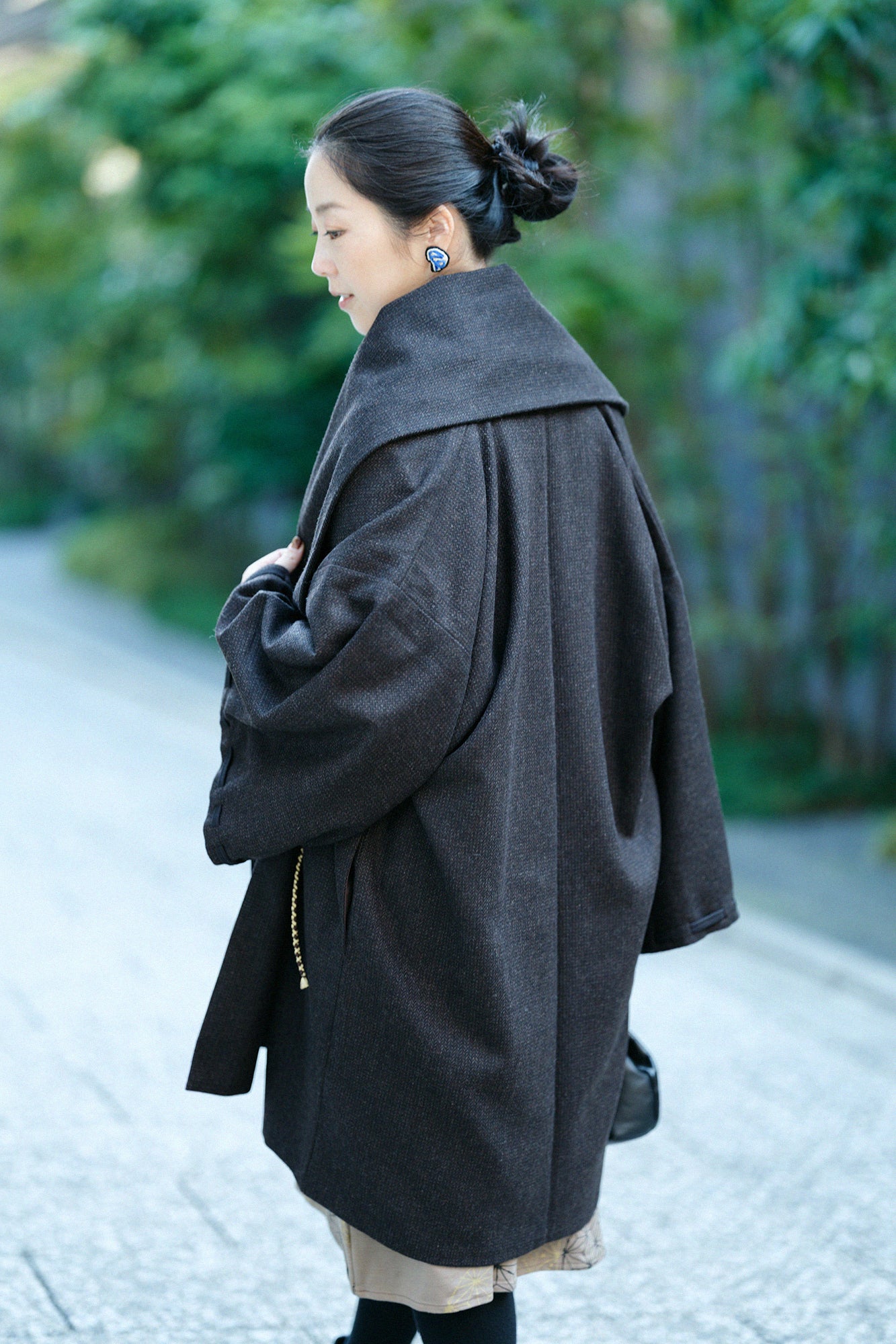 尾州粗花呢 宮中袖外套 中長 附裡襯/棕色