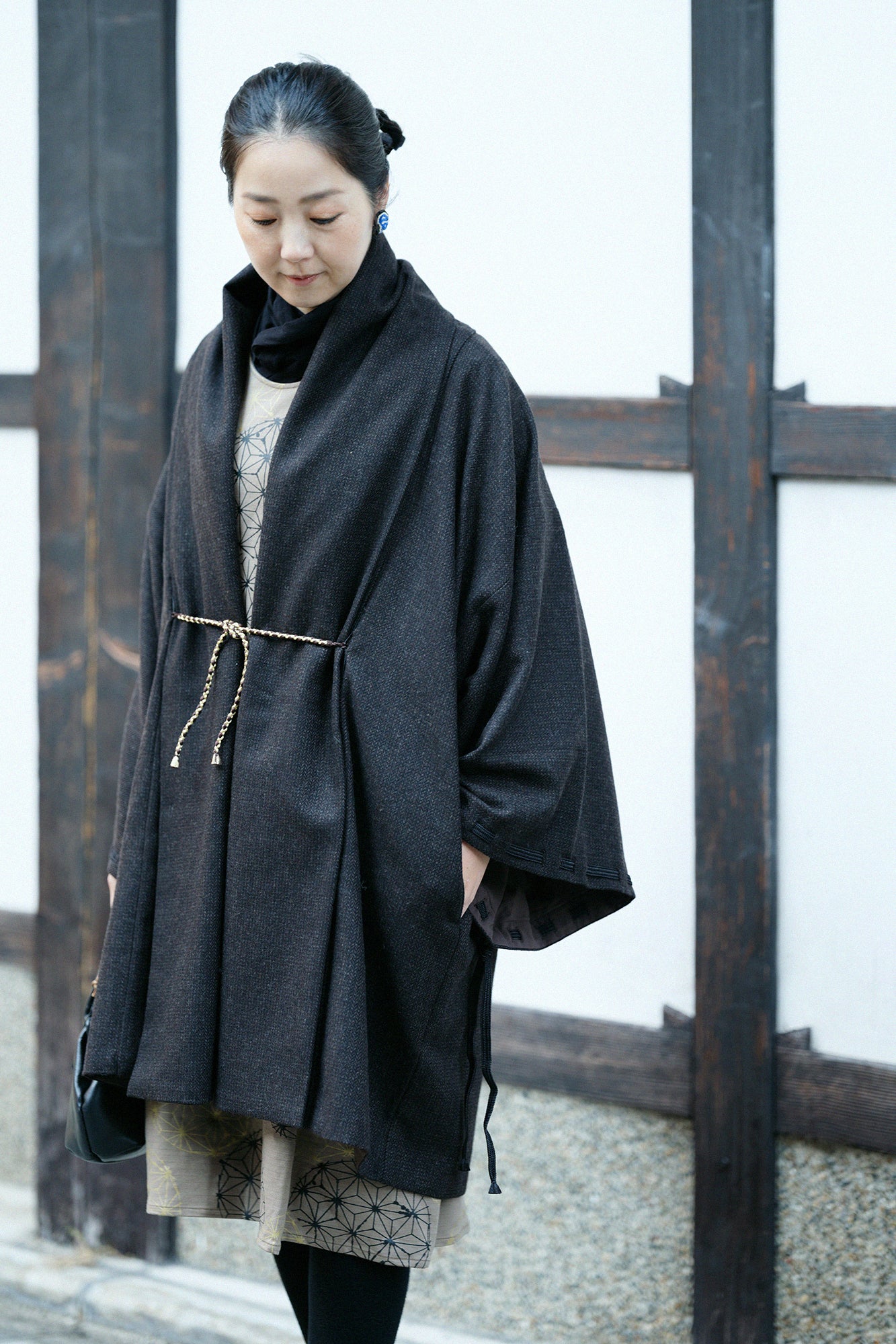 尾州粗花呢 宮中袖外套 中長 附裡襯/棕色