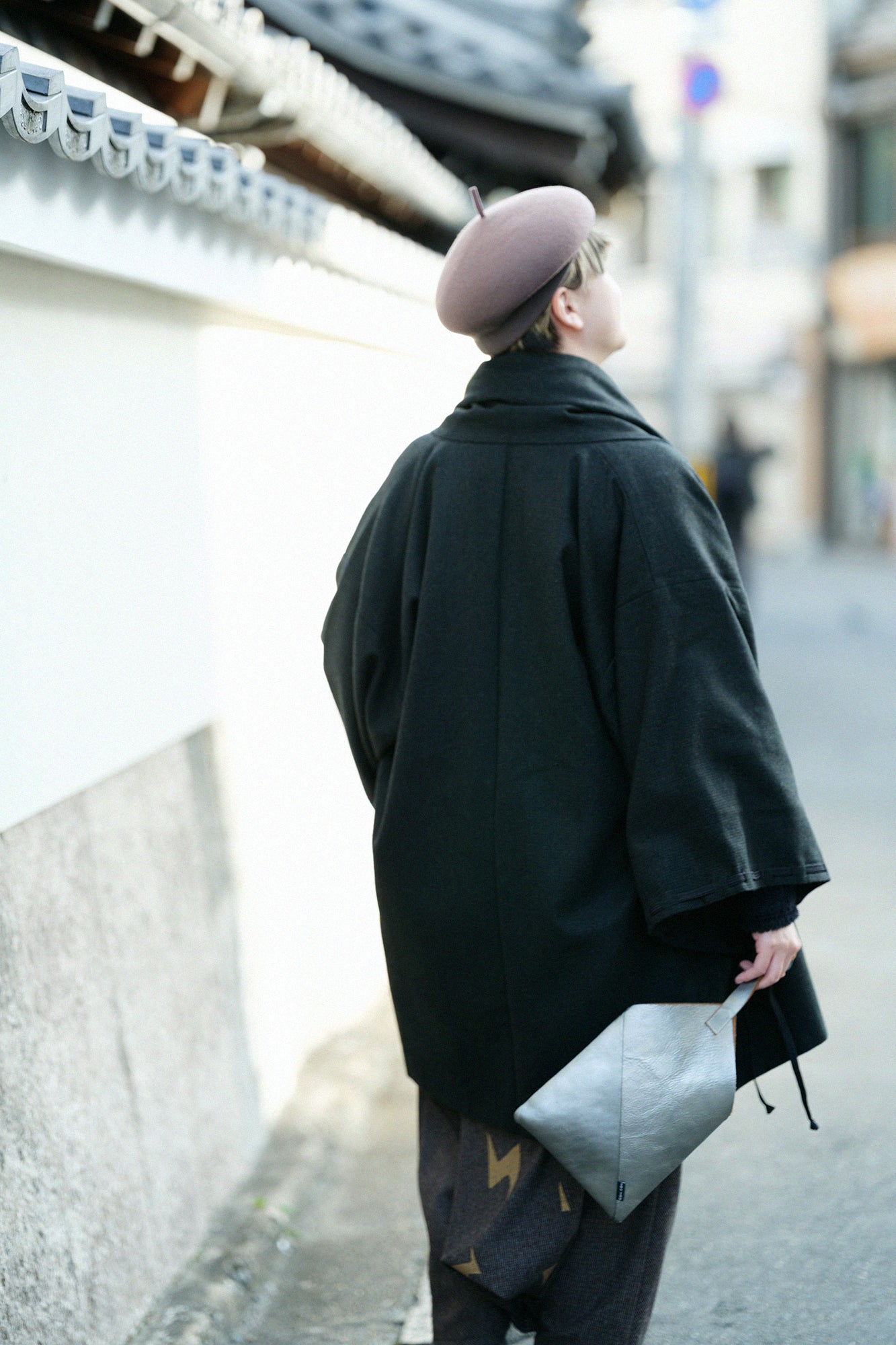 尾州粗花呢 宮中袖外套 中長 附裡襯/深棕色