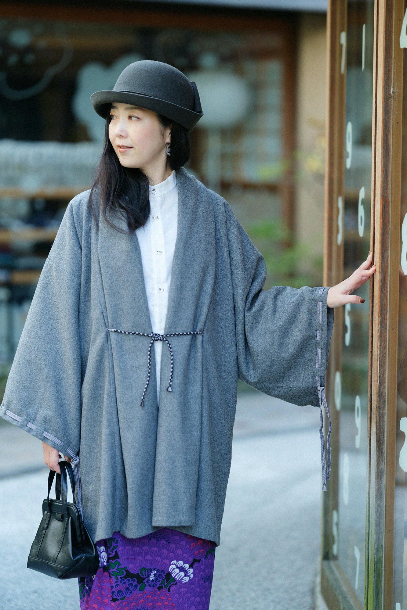 尾州粗花呢 宮中袖外套 中長 附裡襯/淡灰色