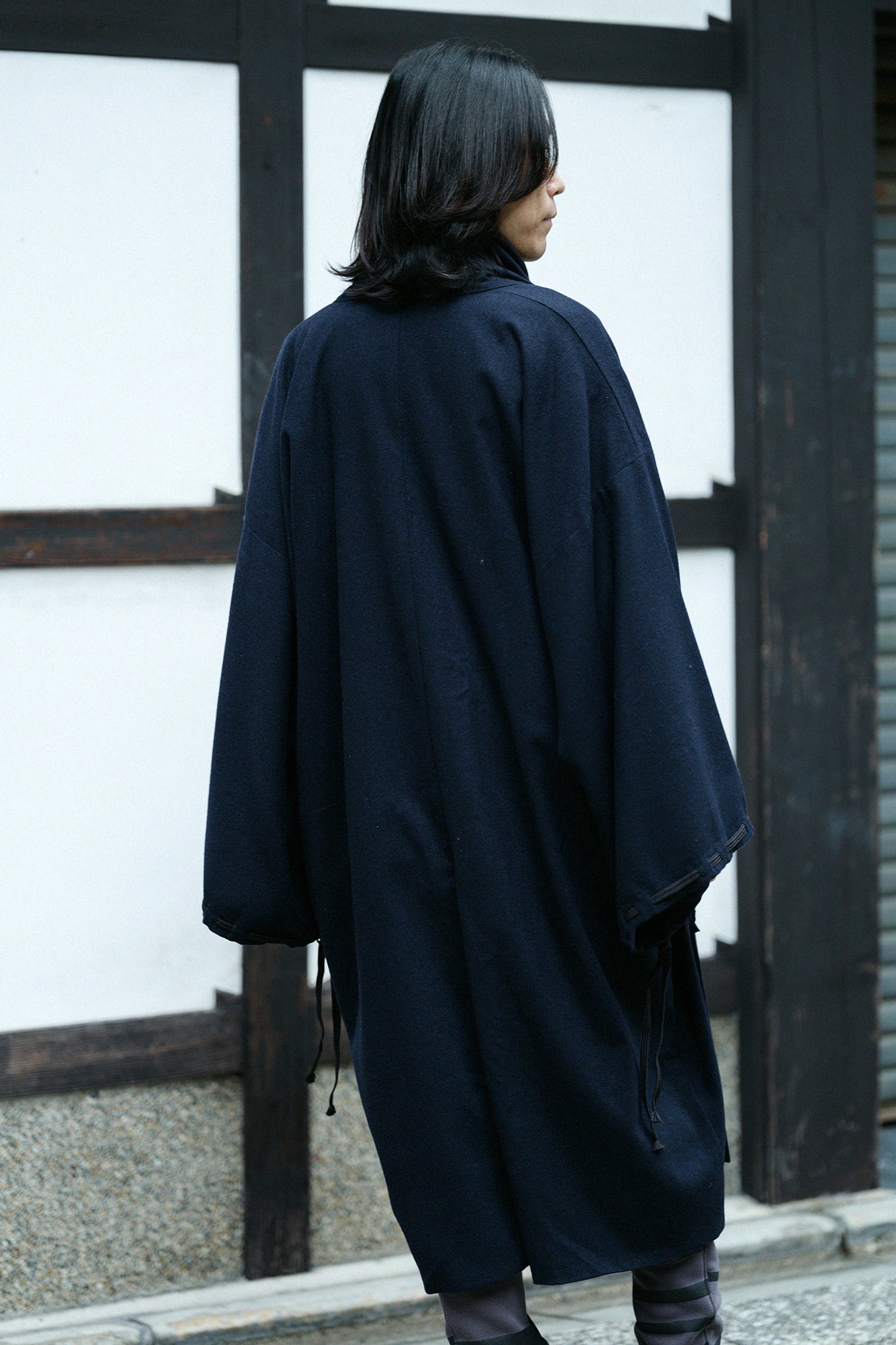 尾州粗花呢 宮中袖外套 中長 附裡襯/暗藍色