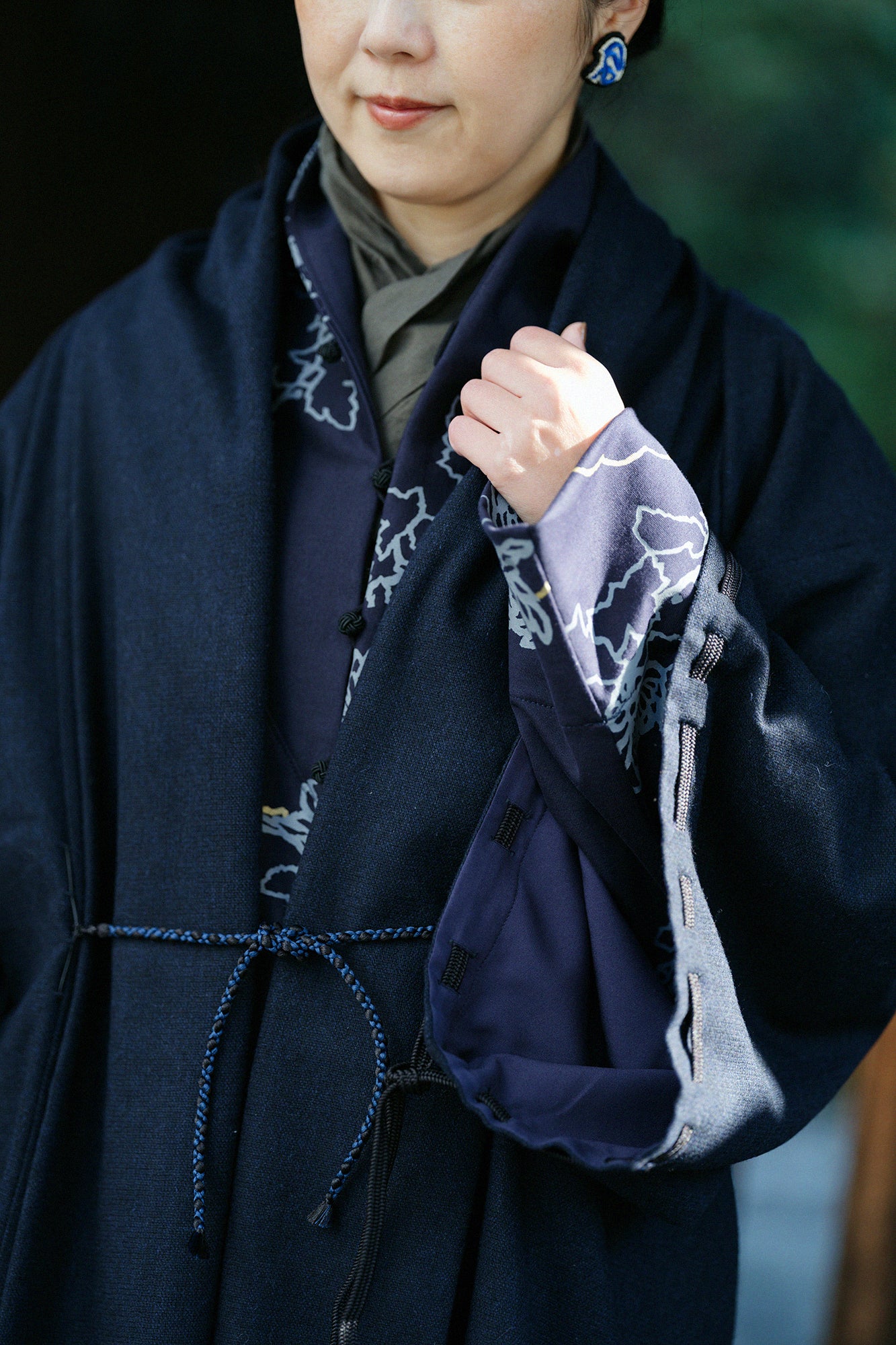 尾州粗花呢 宮中袖外套 中長 附裡襯/暗藍色