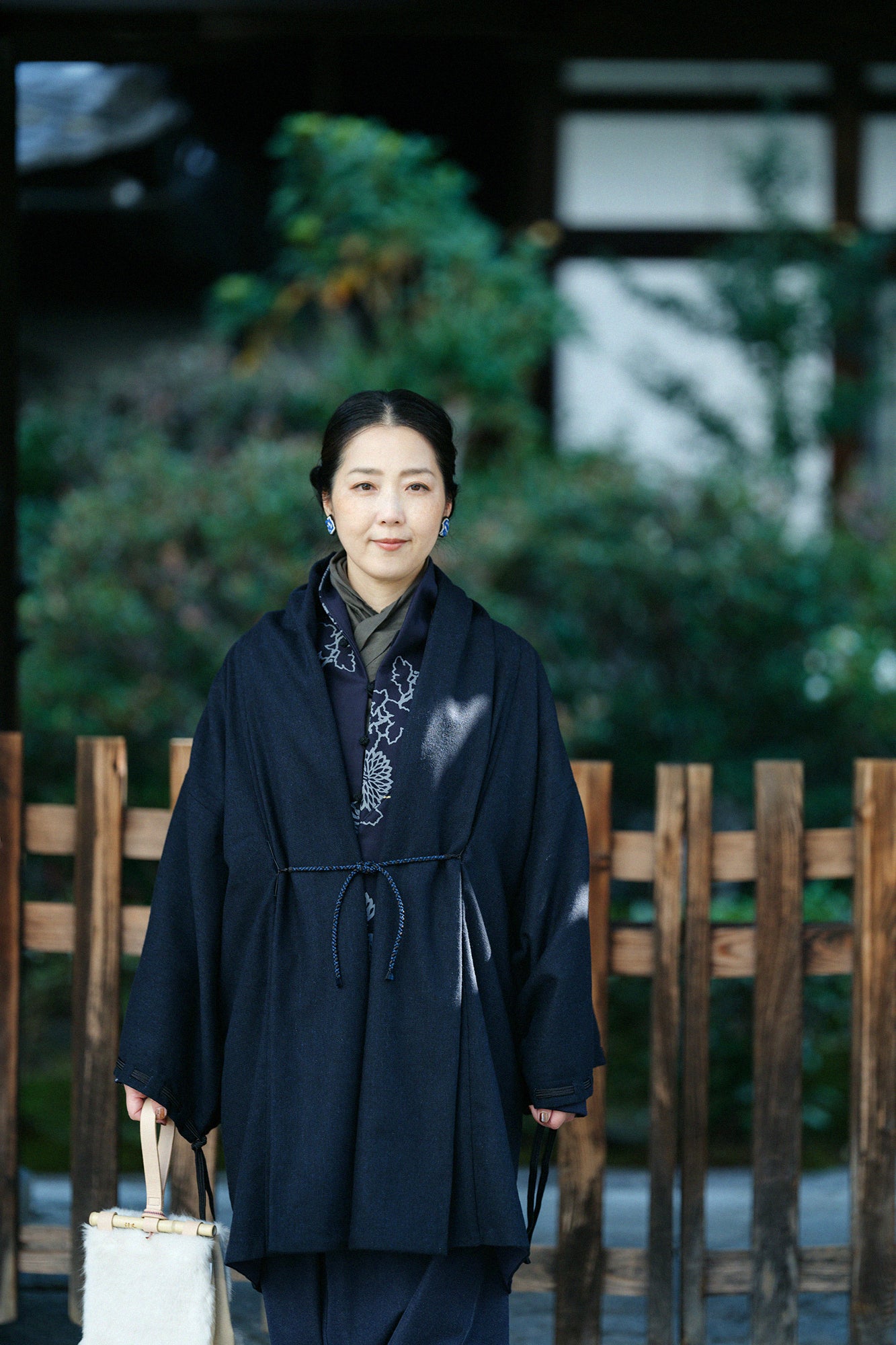 尾州粗花呢 宮中袖外套 中長 附裡襯/暗藍色