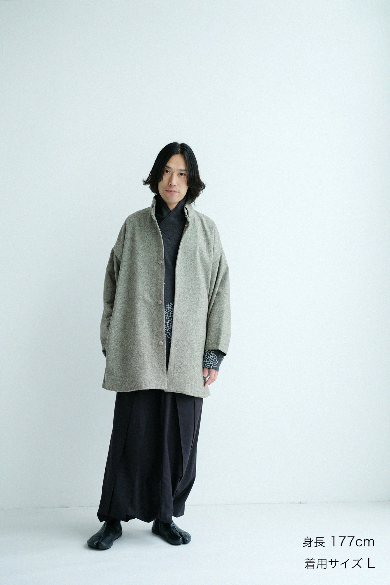Tweed Kimono Sleeve Coat Short with Lining / Greyish Yellow
