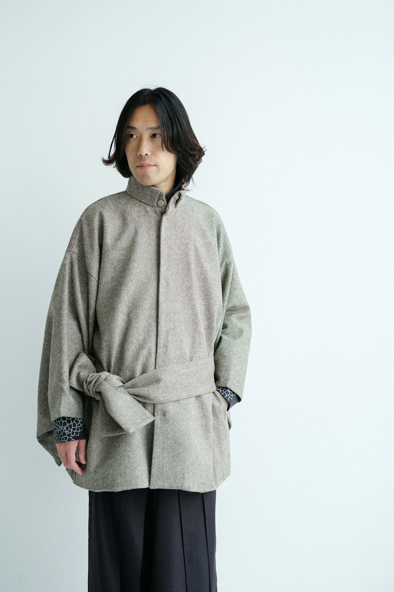 Tweed Kimono Sleeve Coat Short with Lining / Greyish Yellow