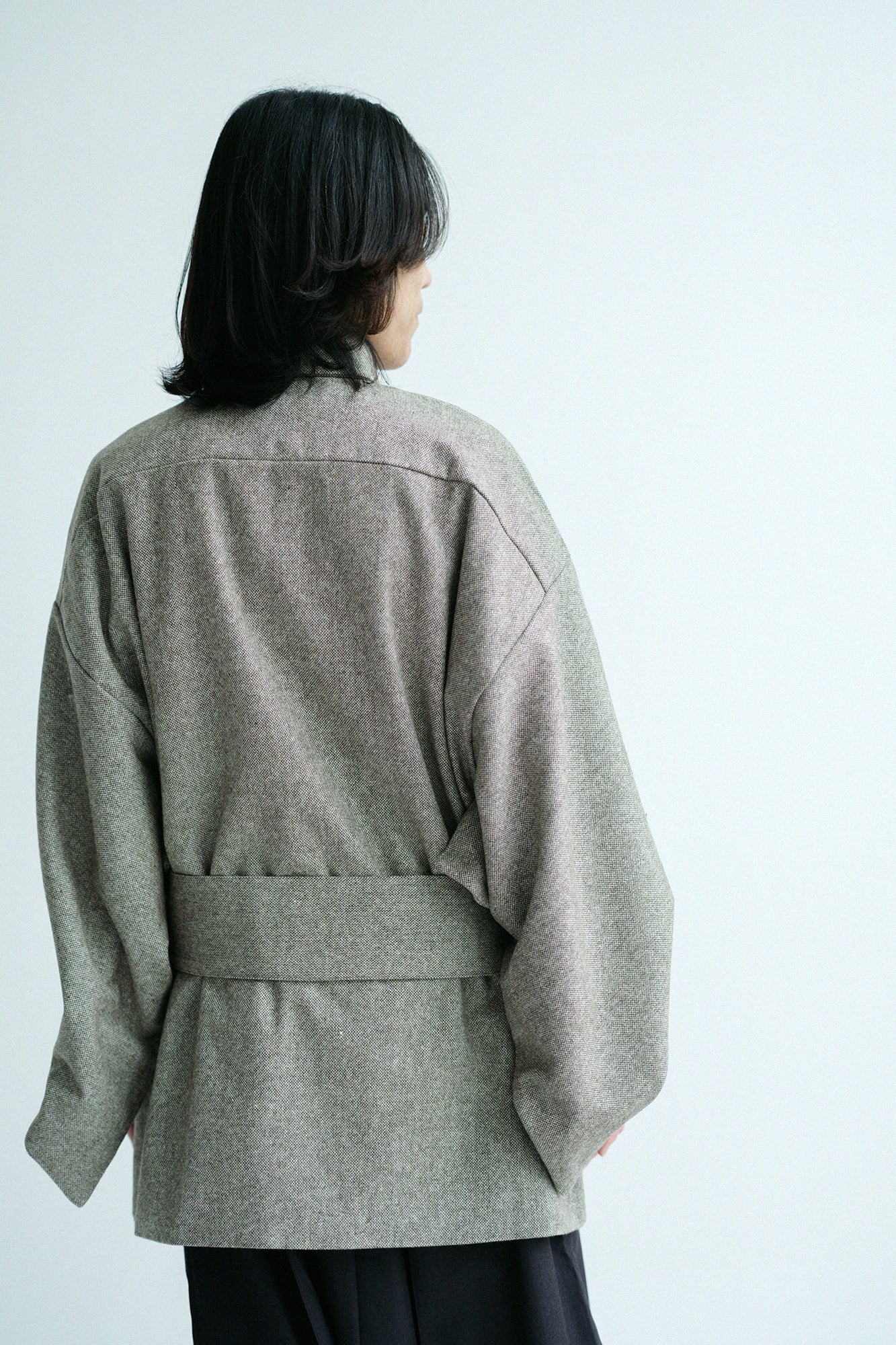 Tweed Kimono Sleeve Coat Short with Lining / Greyish Yellow