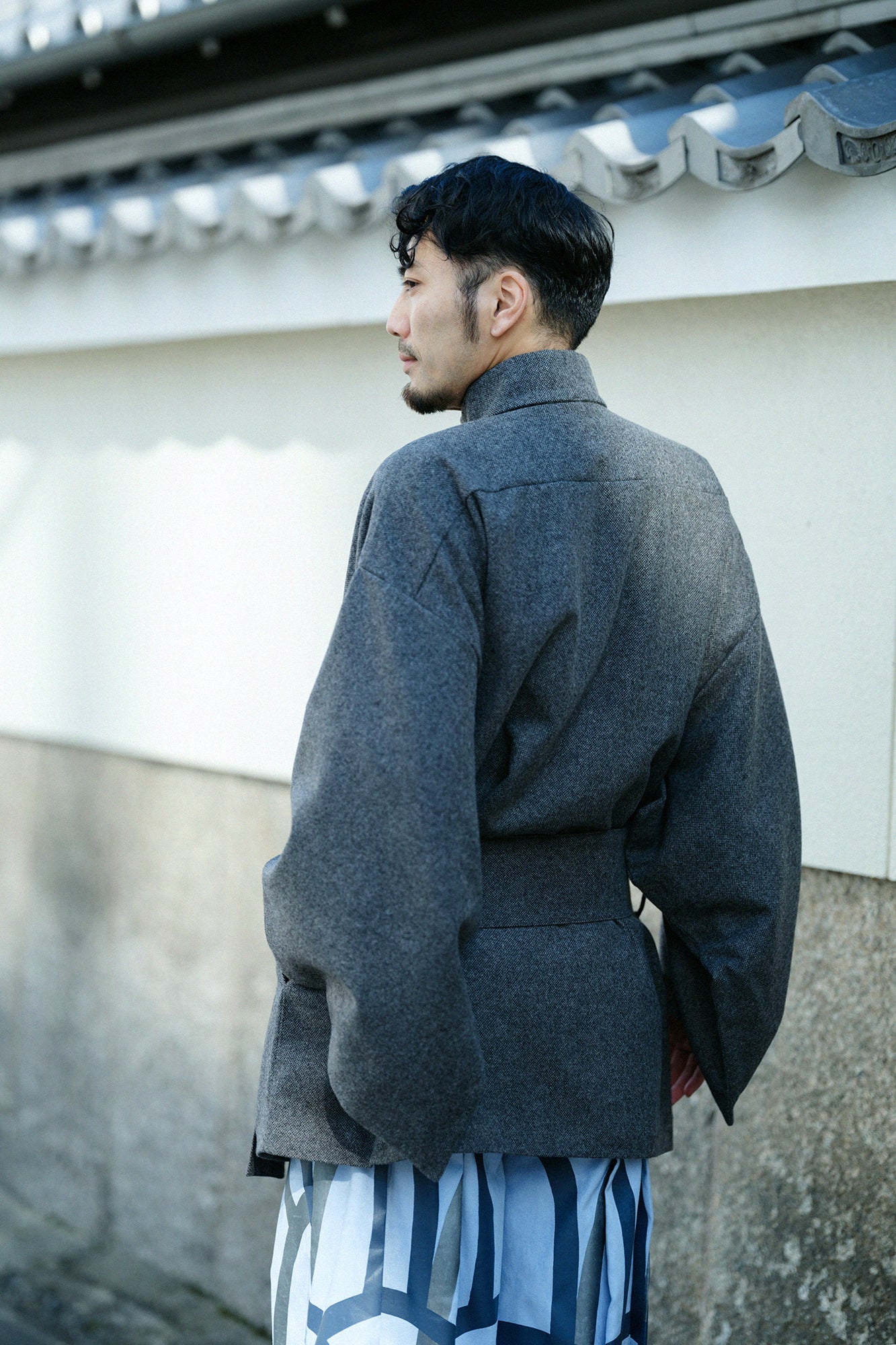 Tweed Kimono Sleeve Coat Short with Lining / Charcoal Grey