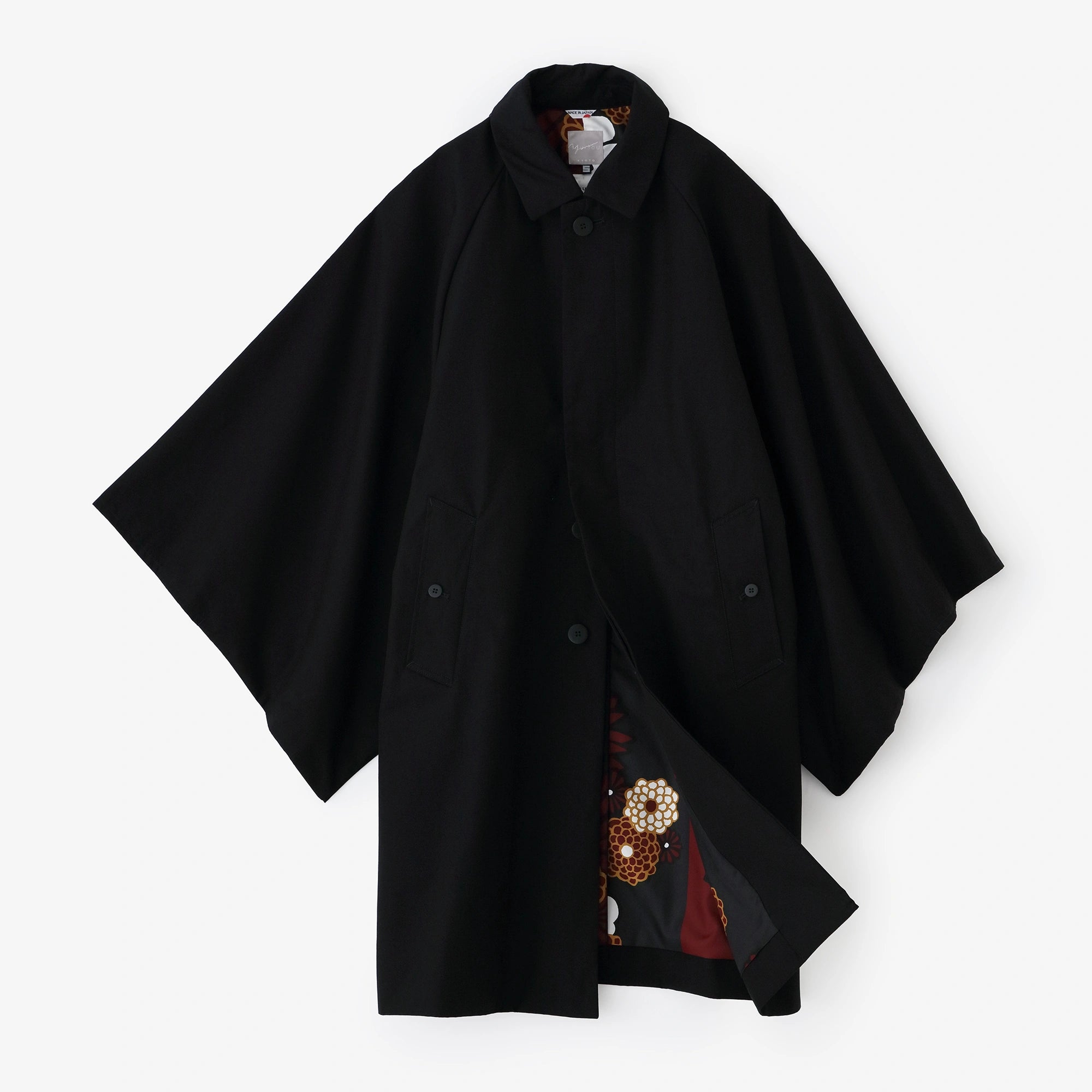 撥水 シャンブレー織 角袖ステンカラーコート/黒紺(くろこん)×金襴緞子(きんらんどんす)