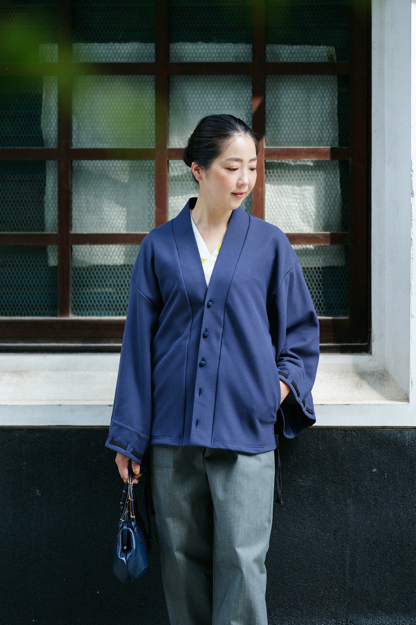 棉×Coolmax®蜂巣編 伯爵外套宫中袖/深藍色