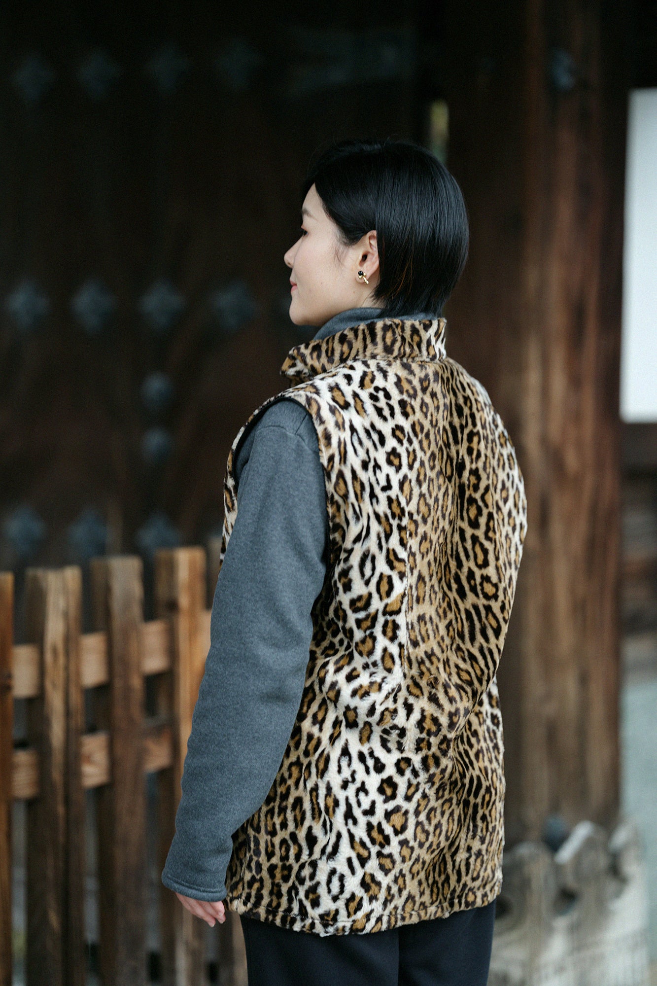 人造毛皮 唐胴衣背心/豹紋