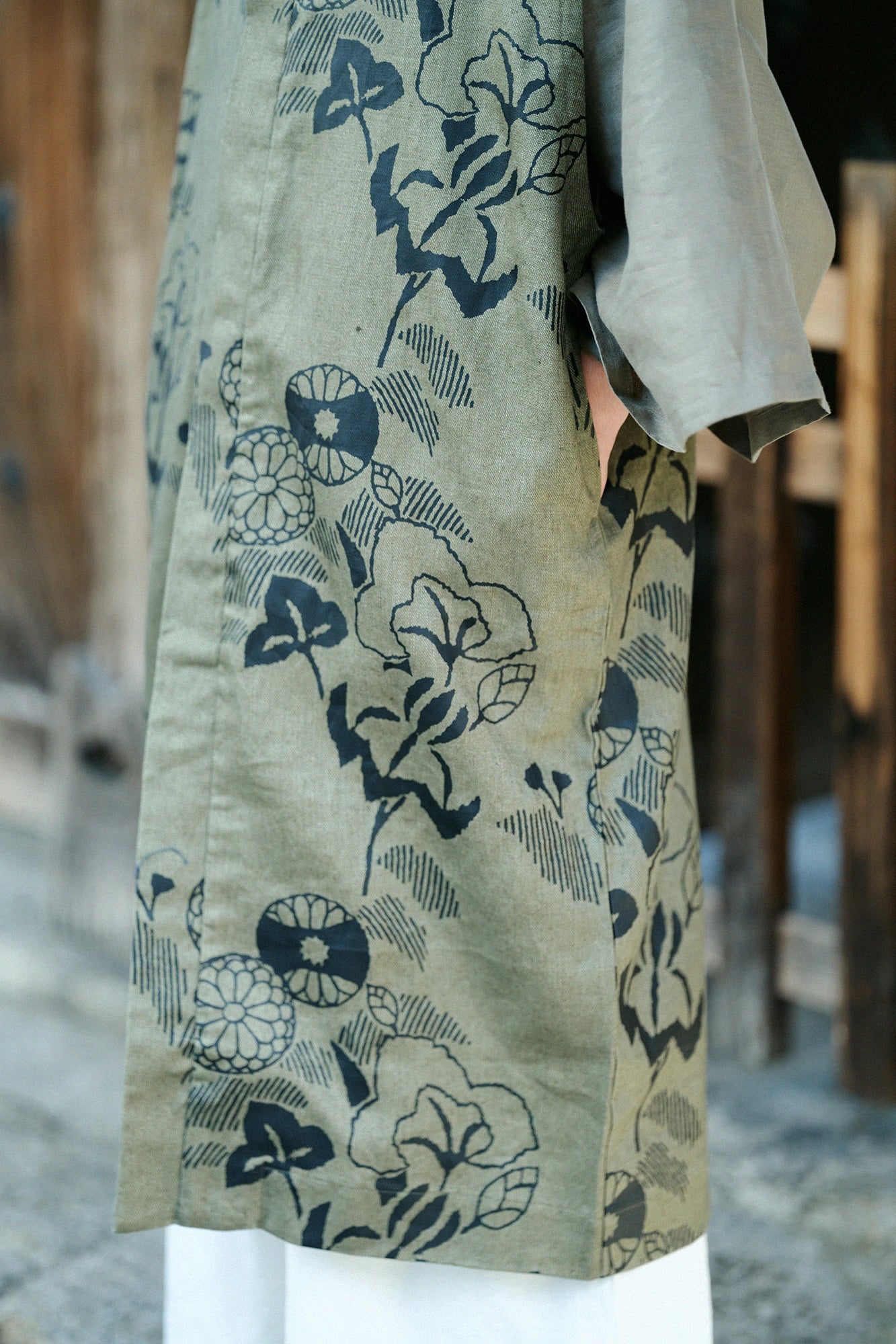 Linen Twill Weave Long Jinbaori Single Layer/Yamafuuga Olive Green
