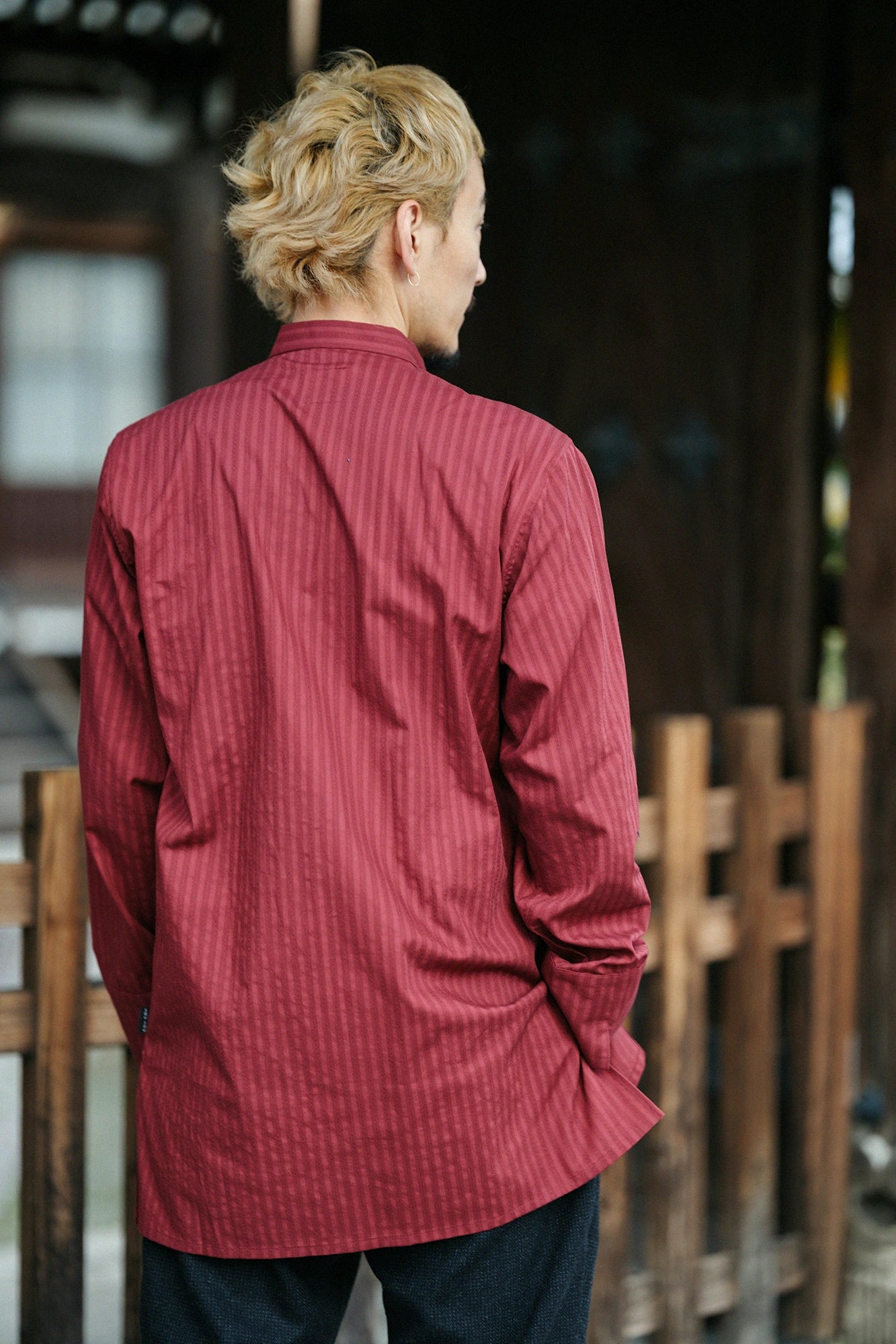 紗羅編織 圓領長襯衣/紅色