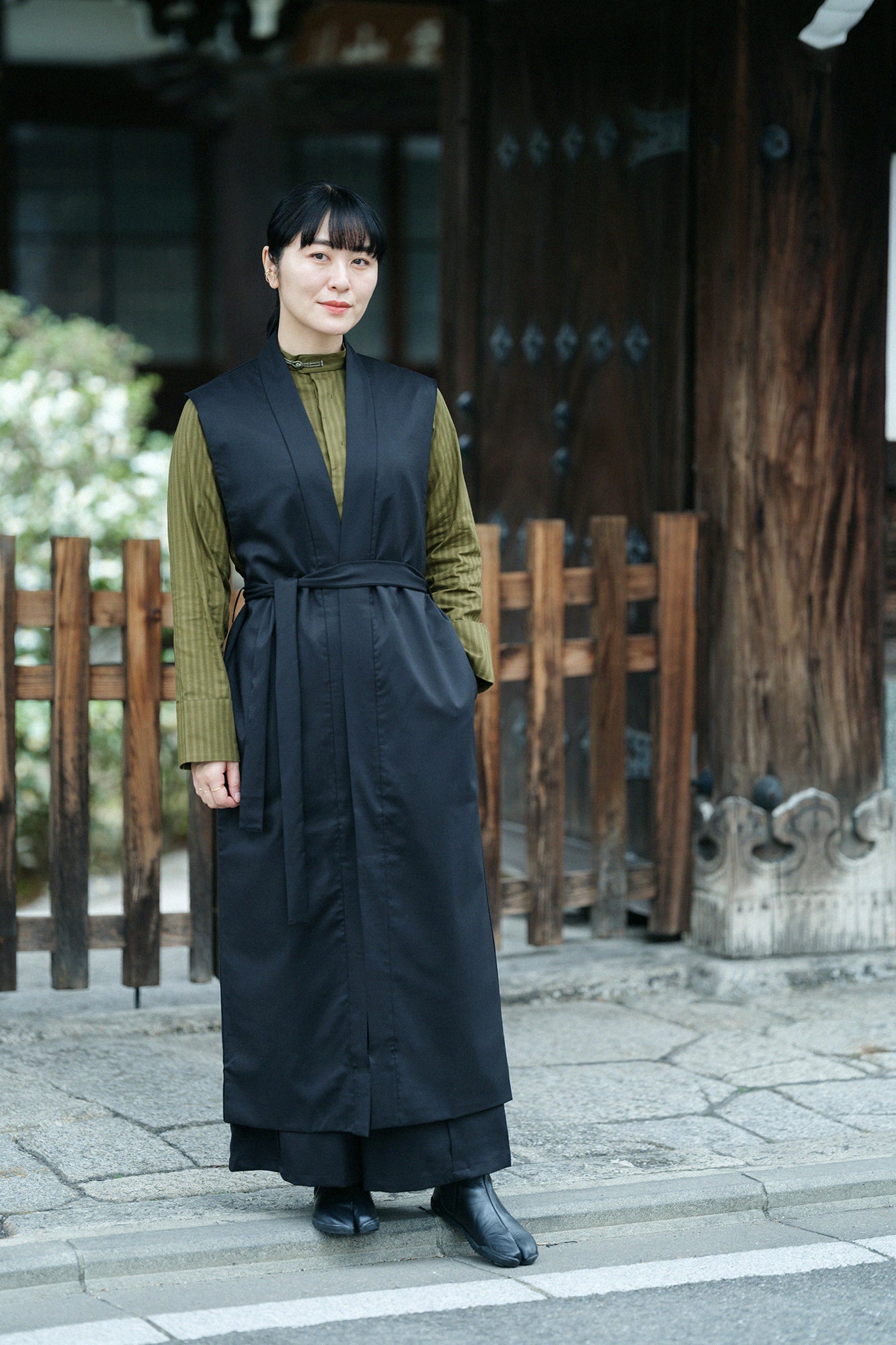 紗羅編織 圓領長襯衣/橄欖綠