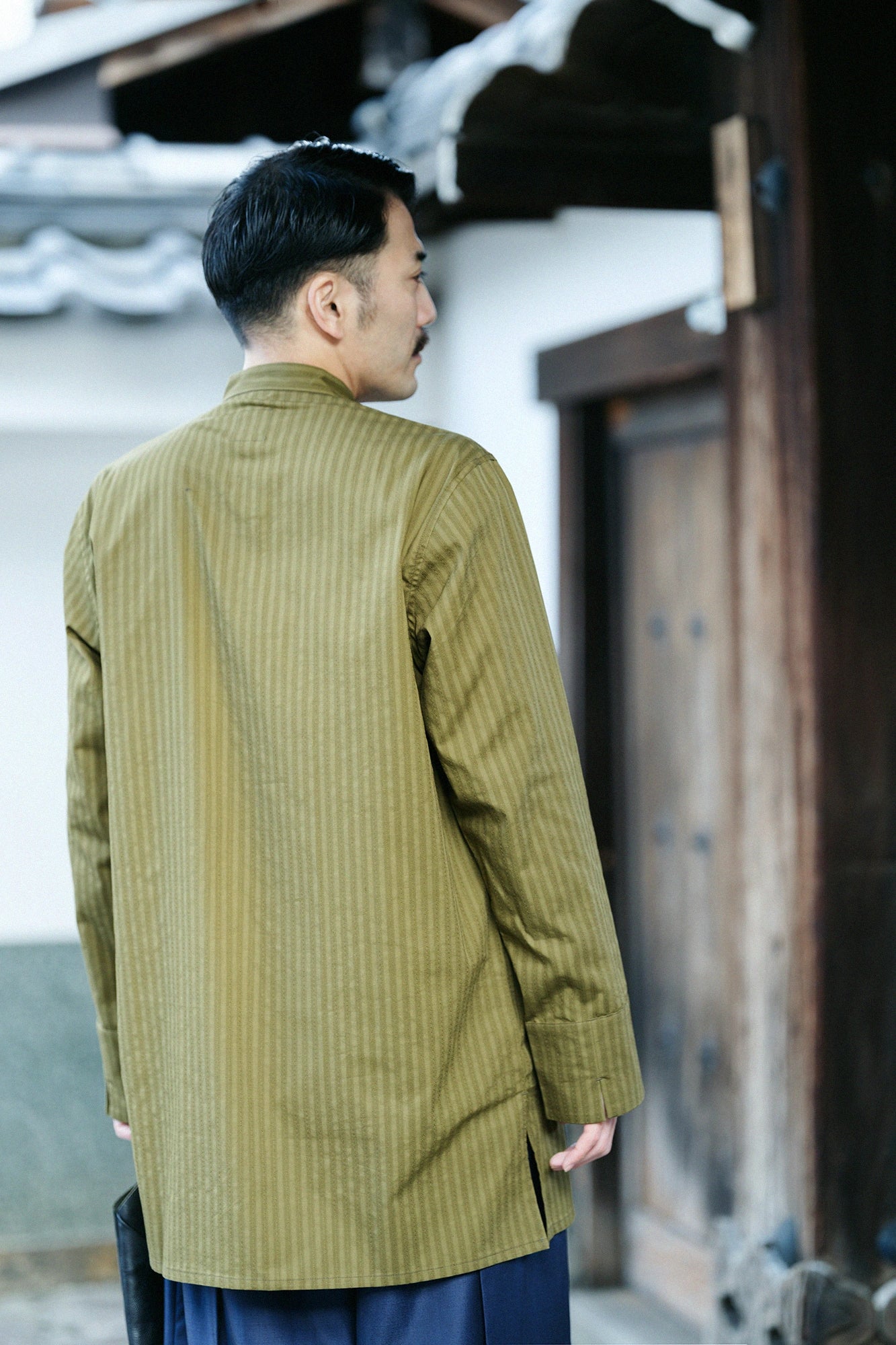 紗羅編織 圓領長襯衣/橄欖綠