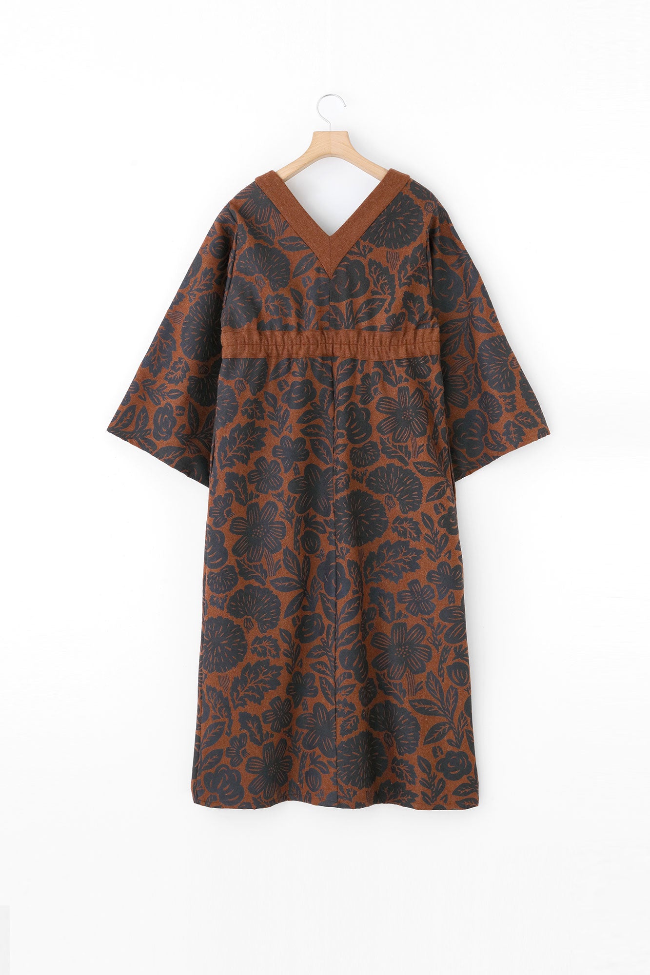 Wool Flannel Kimono Dress / Woodcut Yellowish Brown