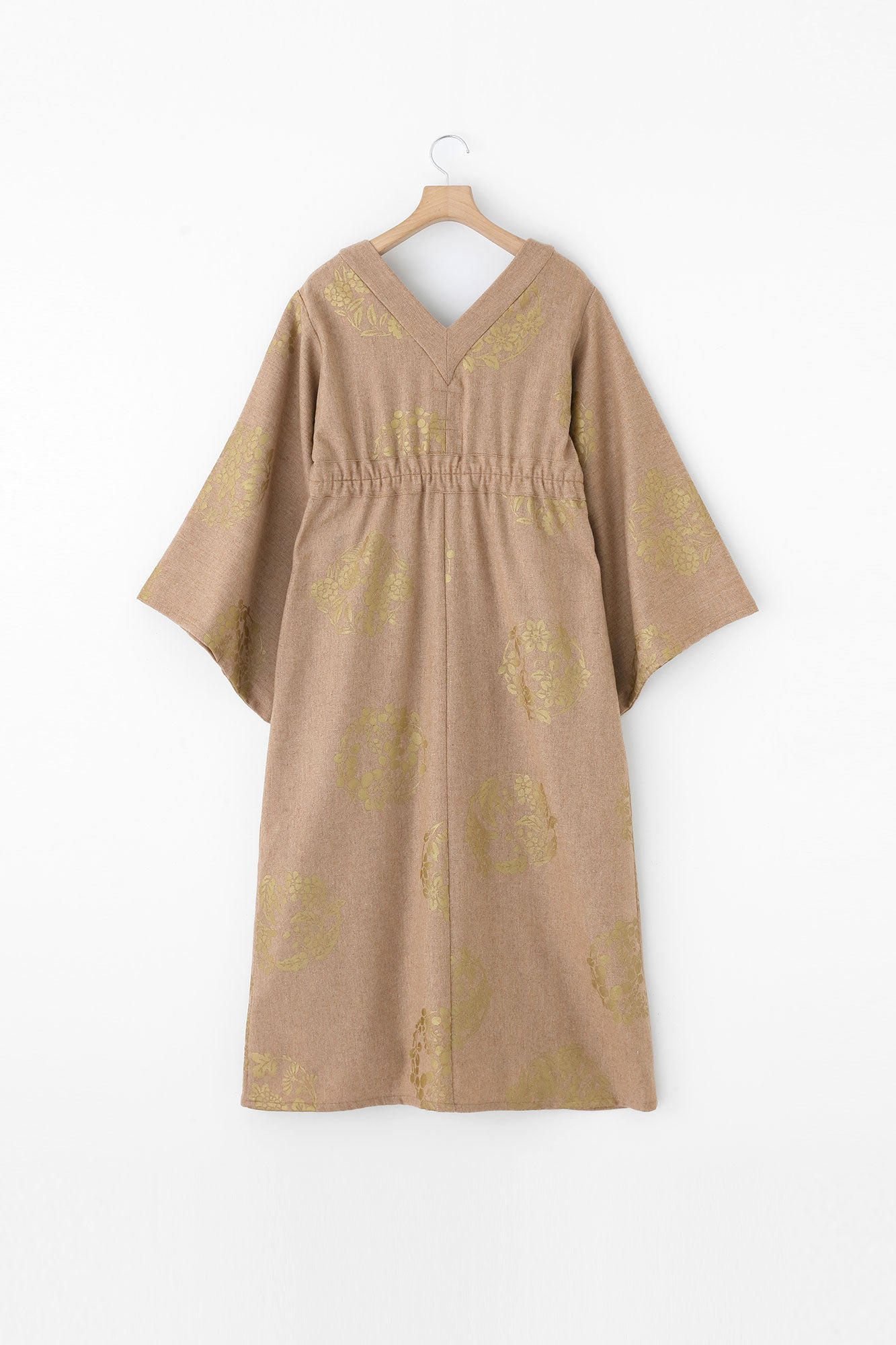 羊毛法蘭絨 和服型洋裝/花丸紋樣 散花 薄茶色