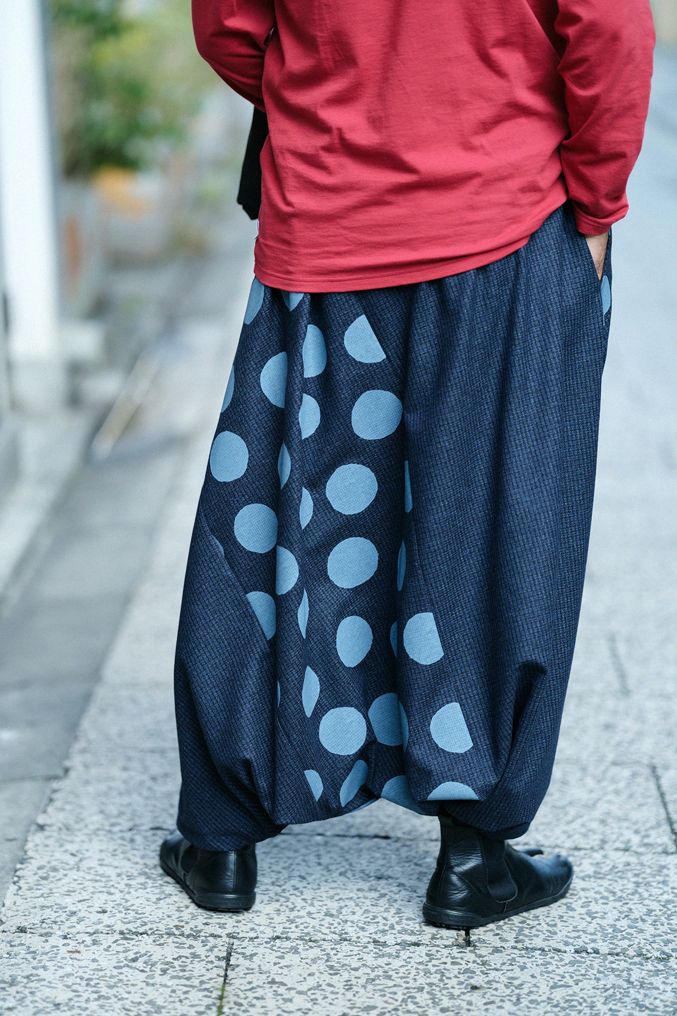 棉毛格子織 富士(飛鼠褲)/深藍×圓點