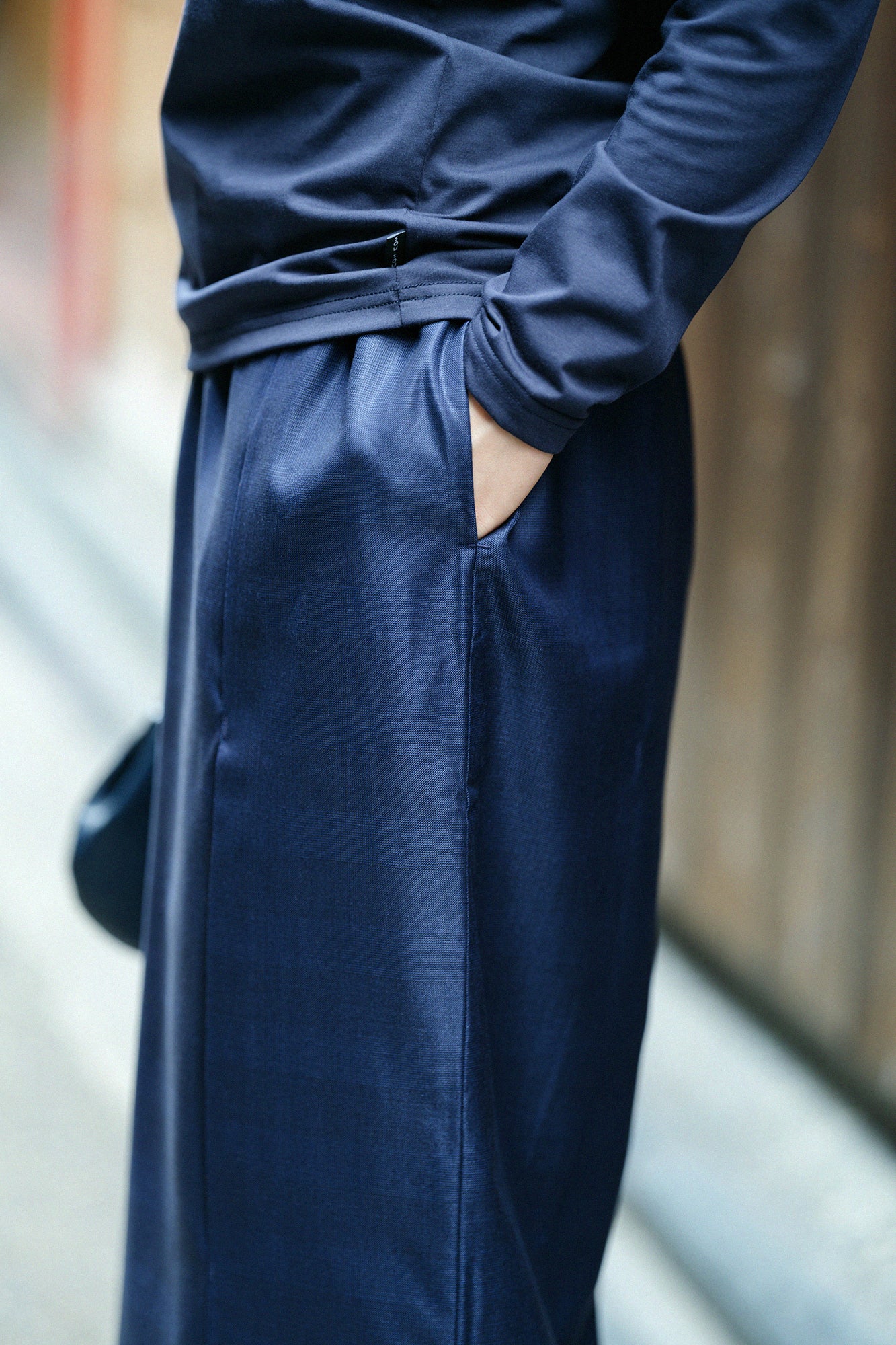 42雙線梳毛一褶闊腿褲/黑色