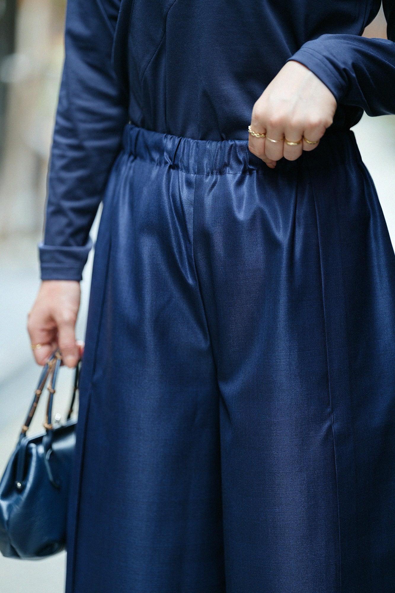 42雙線梳毛一褶闊腿褲/黑色