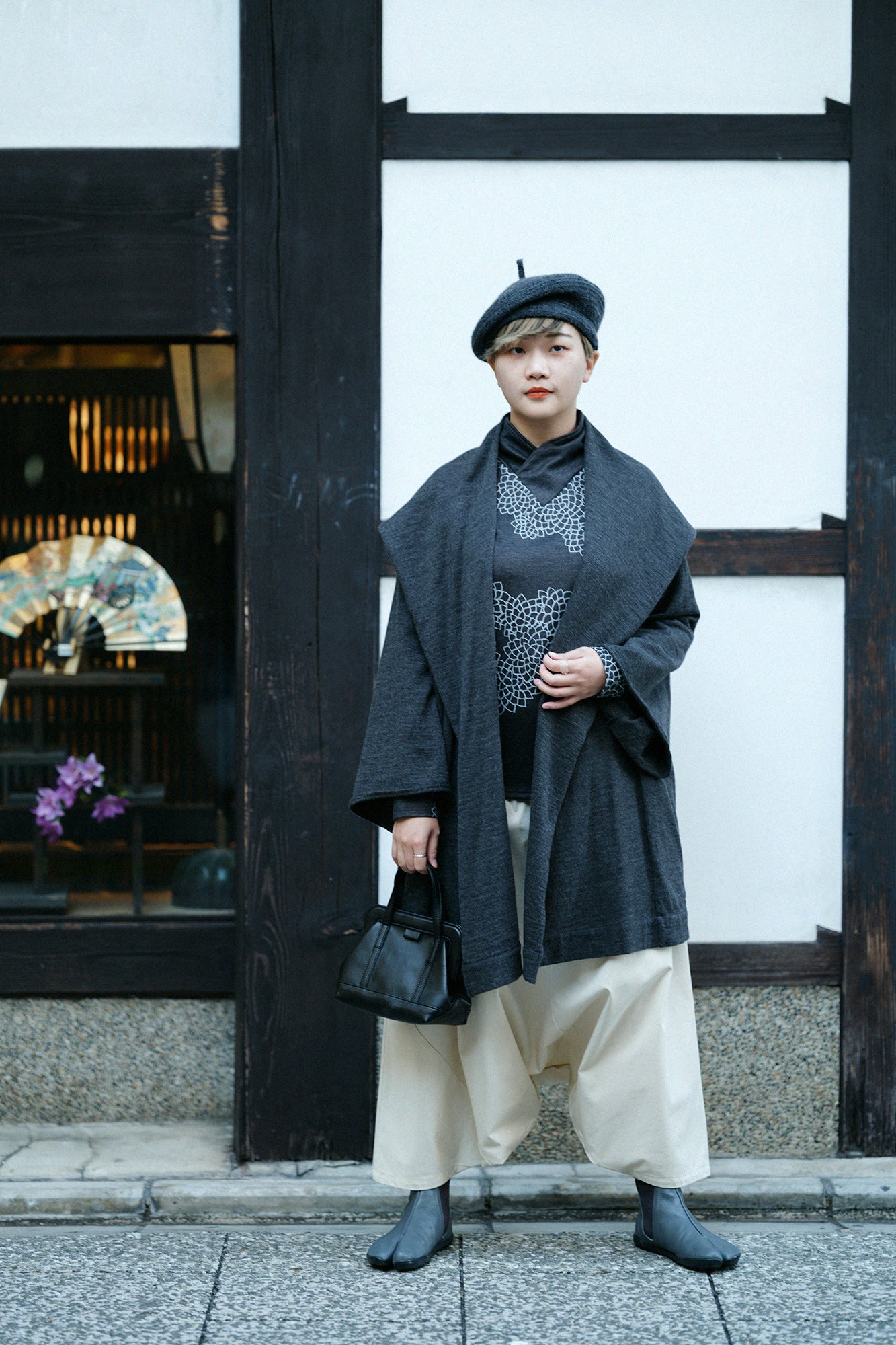 雙層 半衿秋聲 高領上衣/雲間菊 墨黒色