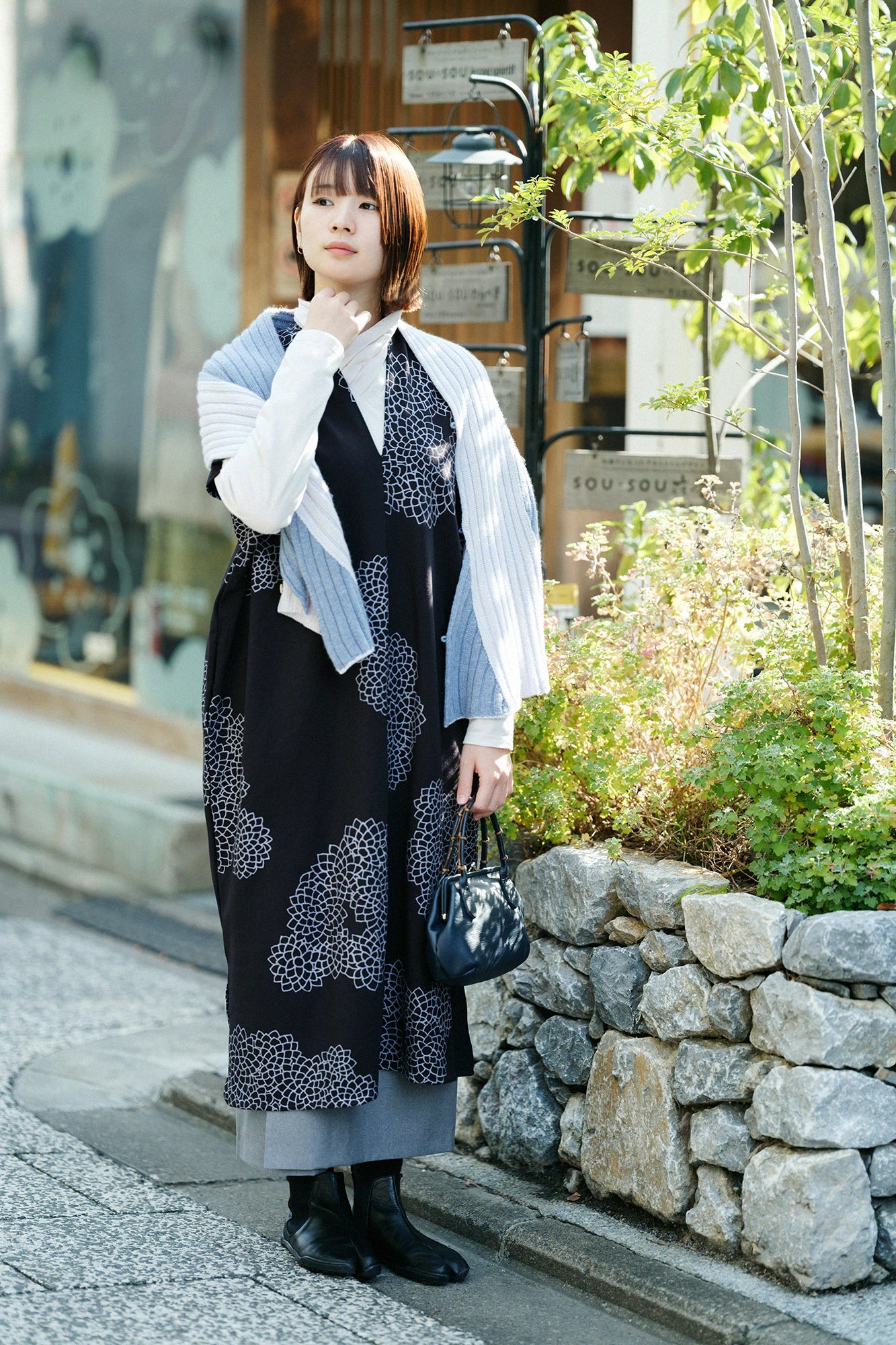 雙面編 長方形洋裝 拼接/雲間菊 黑藍色