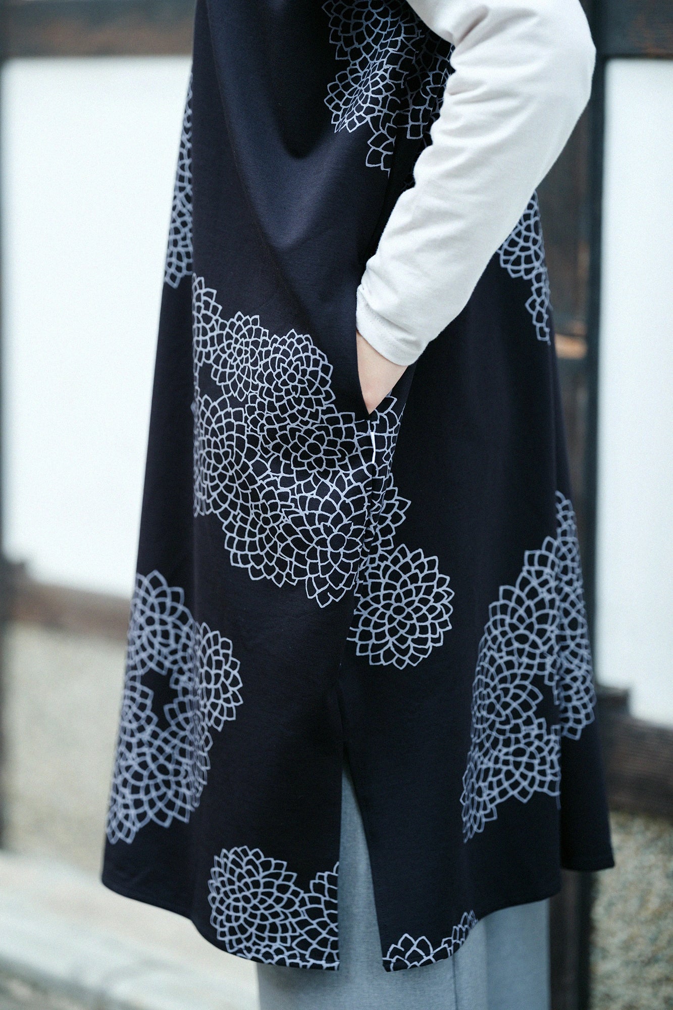 雙面編 長方形洋裝 拼接/雲間菊 黑藍色