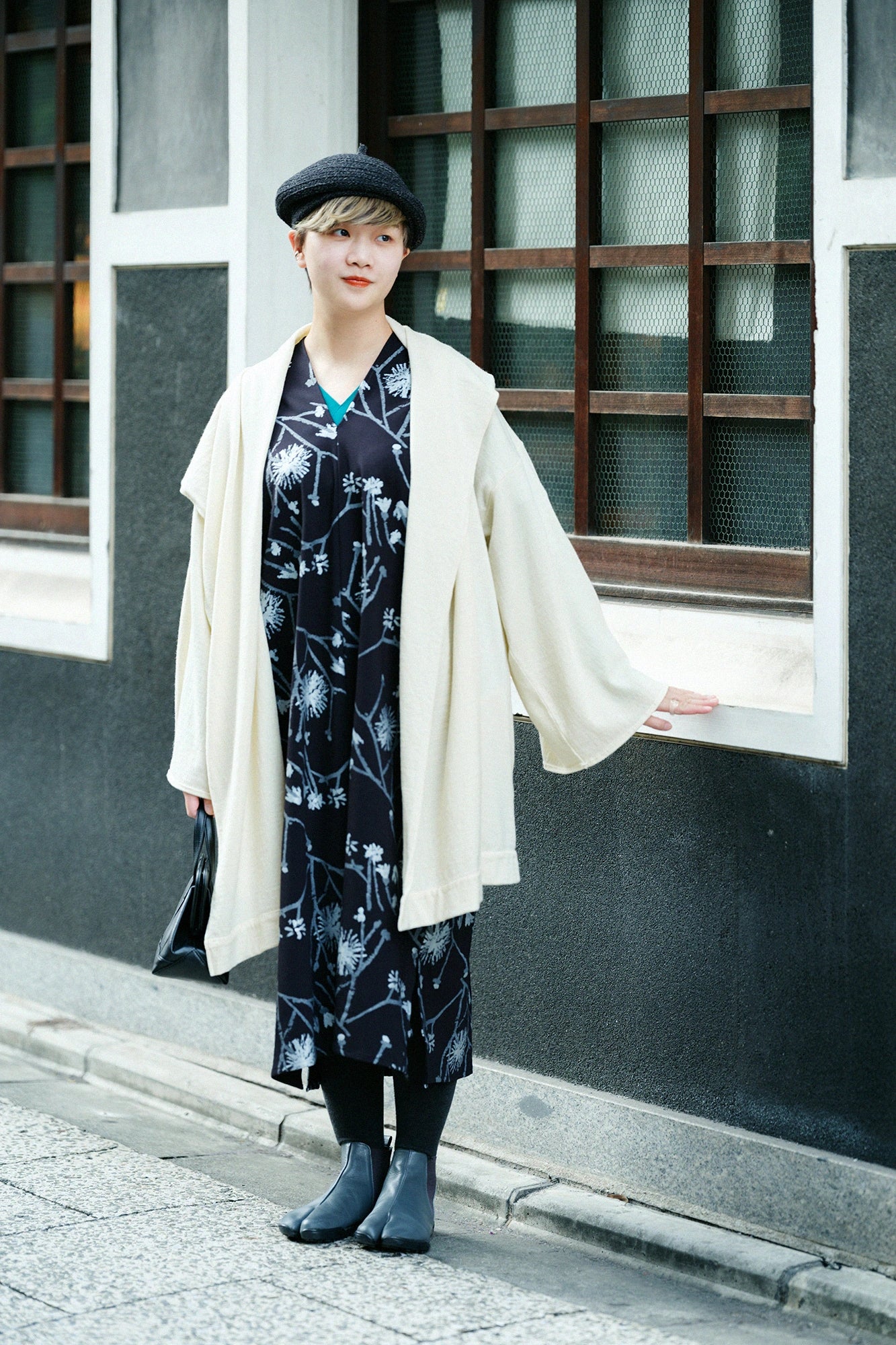 雙面編 長方形洋裝 拼接/散歩道 黑藍色