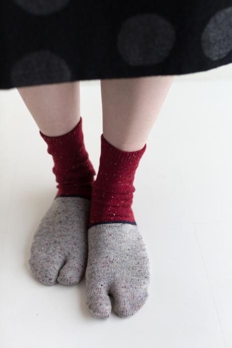 Wool Tabi Socks (Mid-calf) Bi-color/Dark Red【Men・Women】