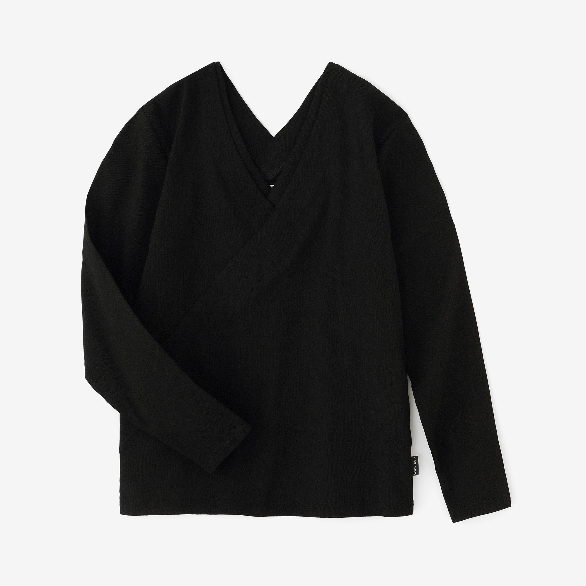 110雙線 超長棉 半衿V領上衣長袖/黑色