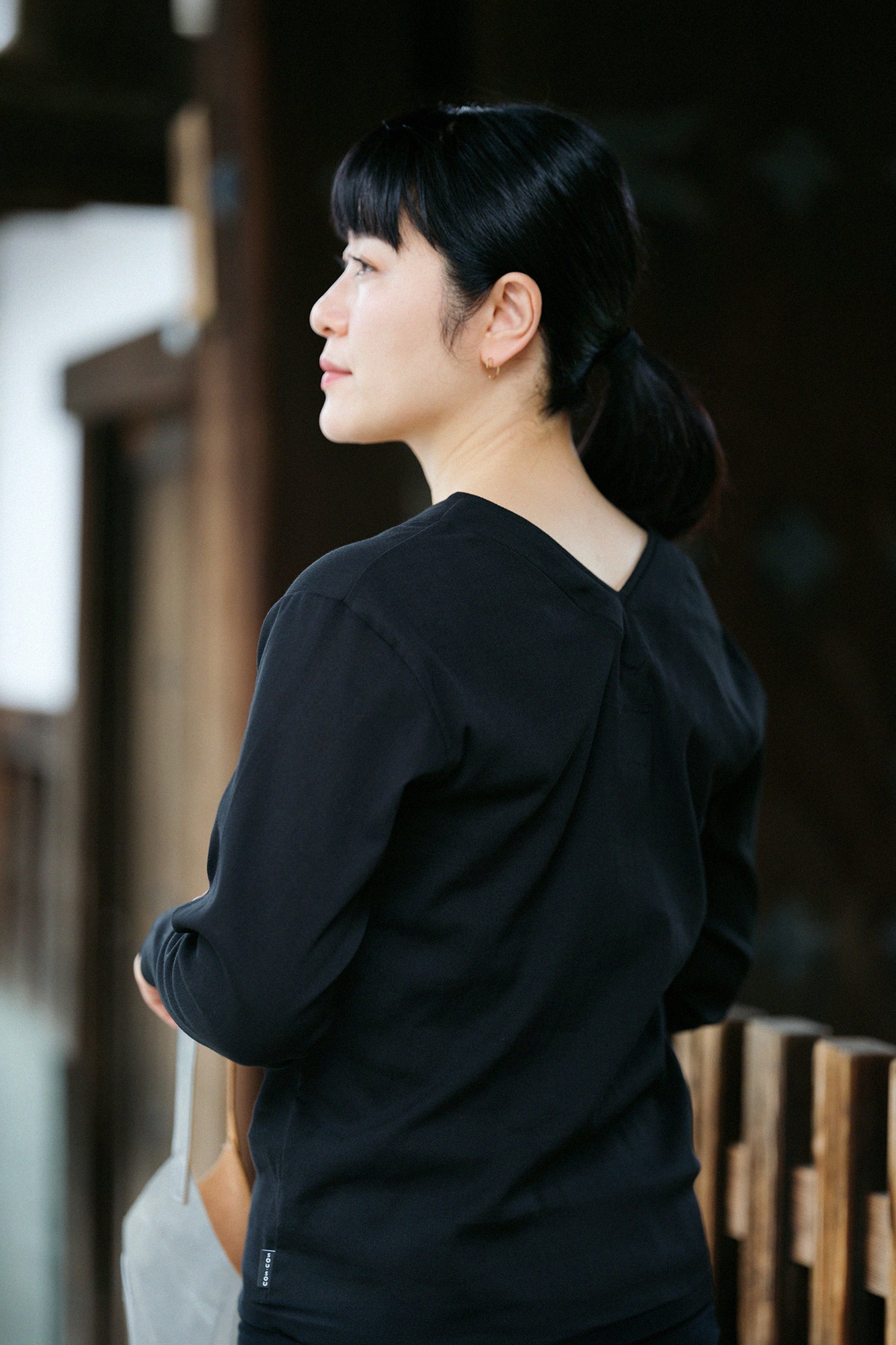 110雙線 超長棉 半衿V領上衣長袖/黑色