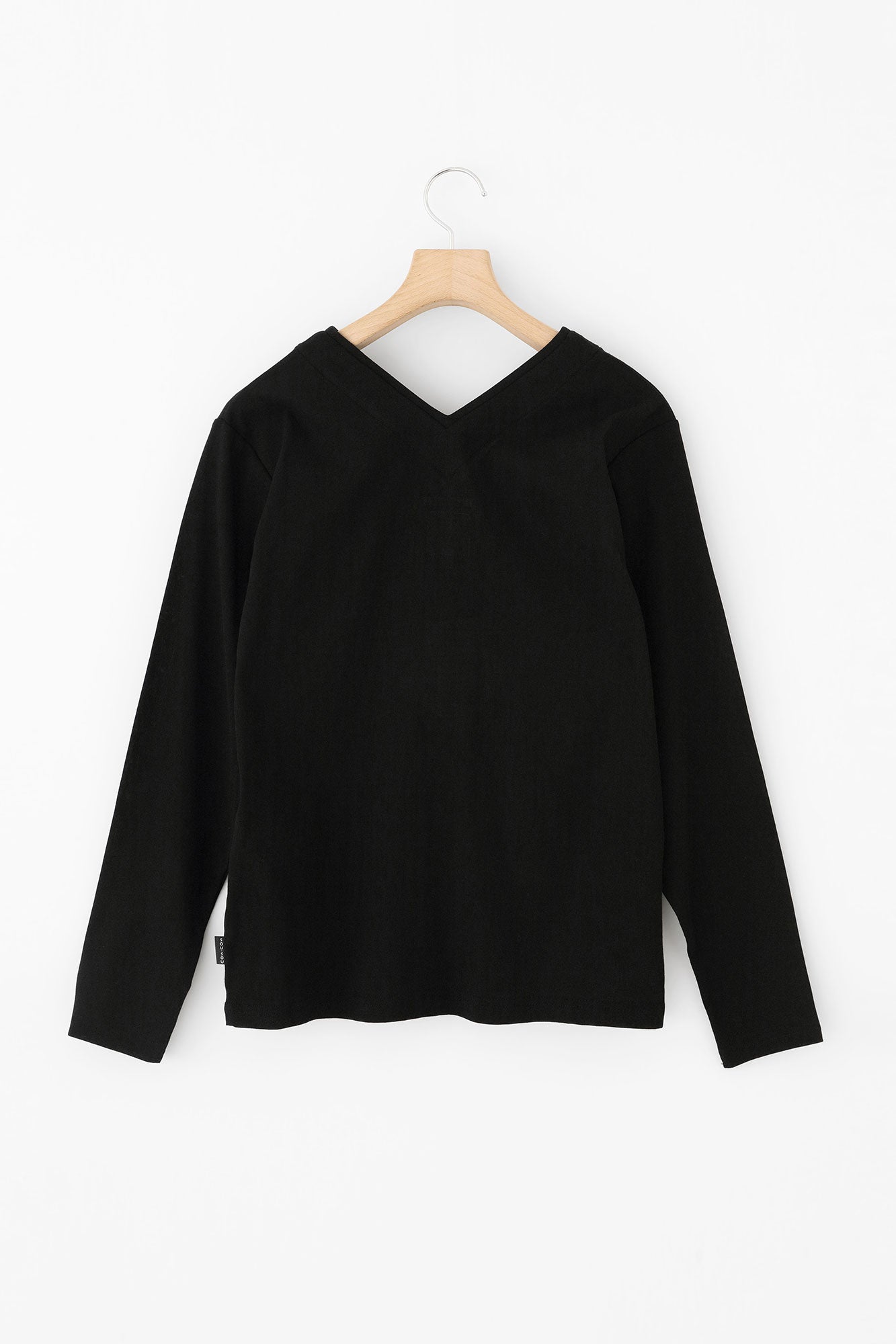 110雙線 超長棉 半衿V領上衣長袖/黑色