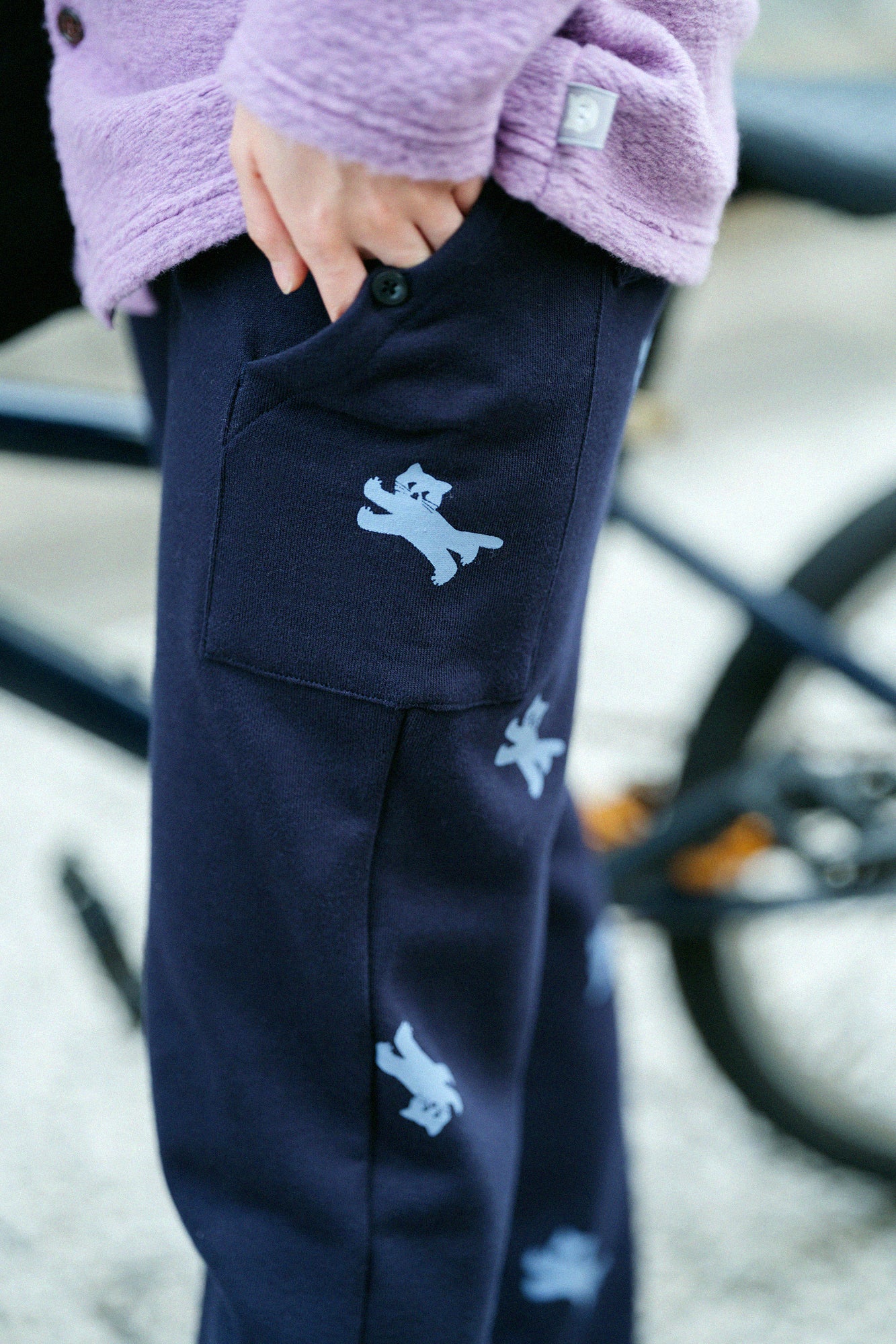 內抓毛BIKE長褲/深藍色×貓賽跑