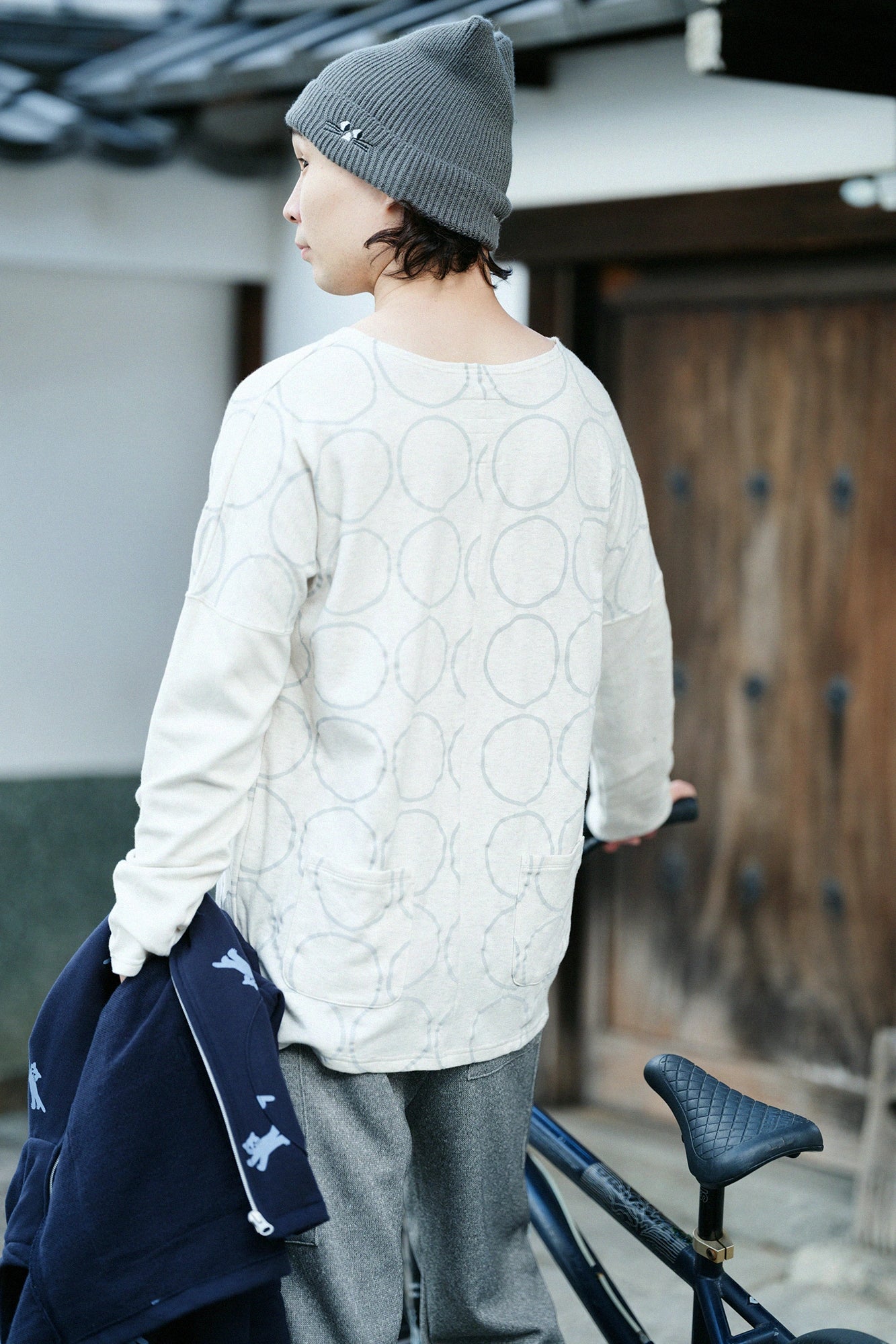 純棉雙面針織 模切長袖T-shirt/排圈圈 象牙白