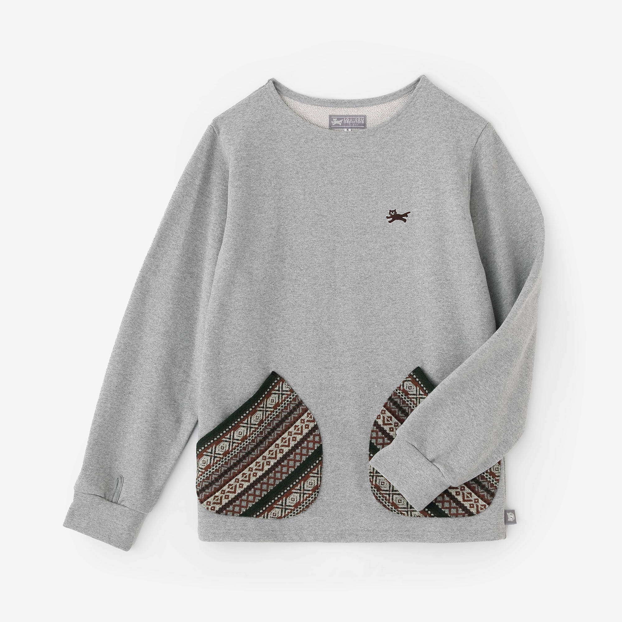 Fleece Boat Neck Sweat Shirt/Heather Grey×Brown JQ