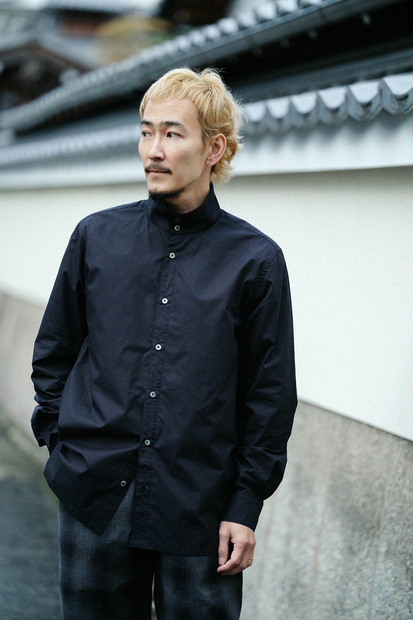 超長棉 高領襯衫/黑色