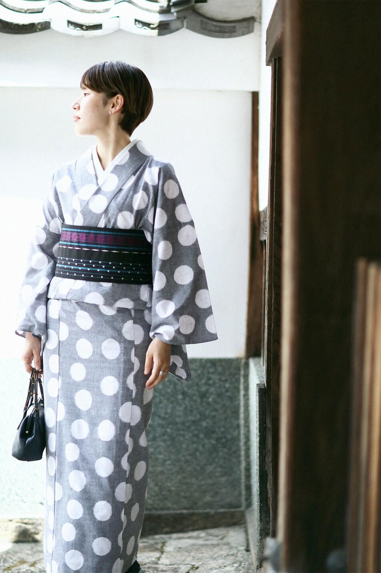 【※Custom Sewing Price Excluded】Kurume Kasuri Fabric / Polka Dots Light Grey × White