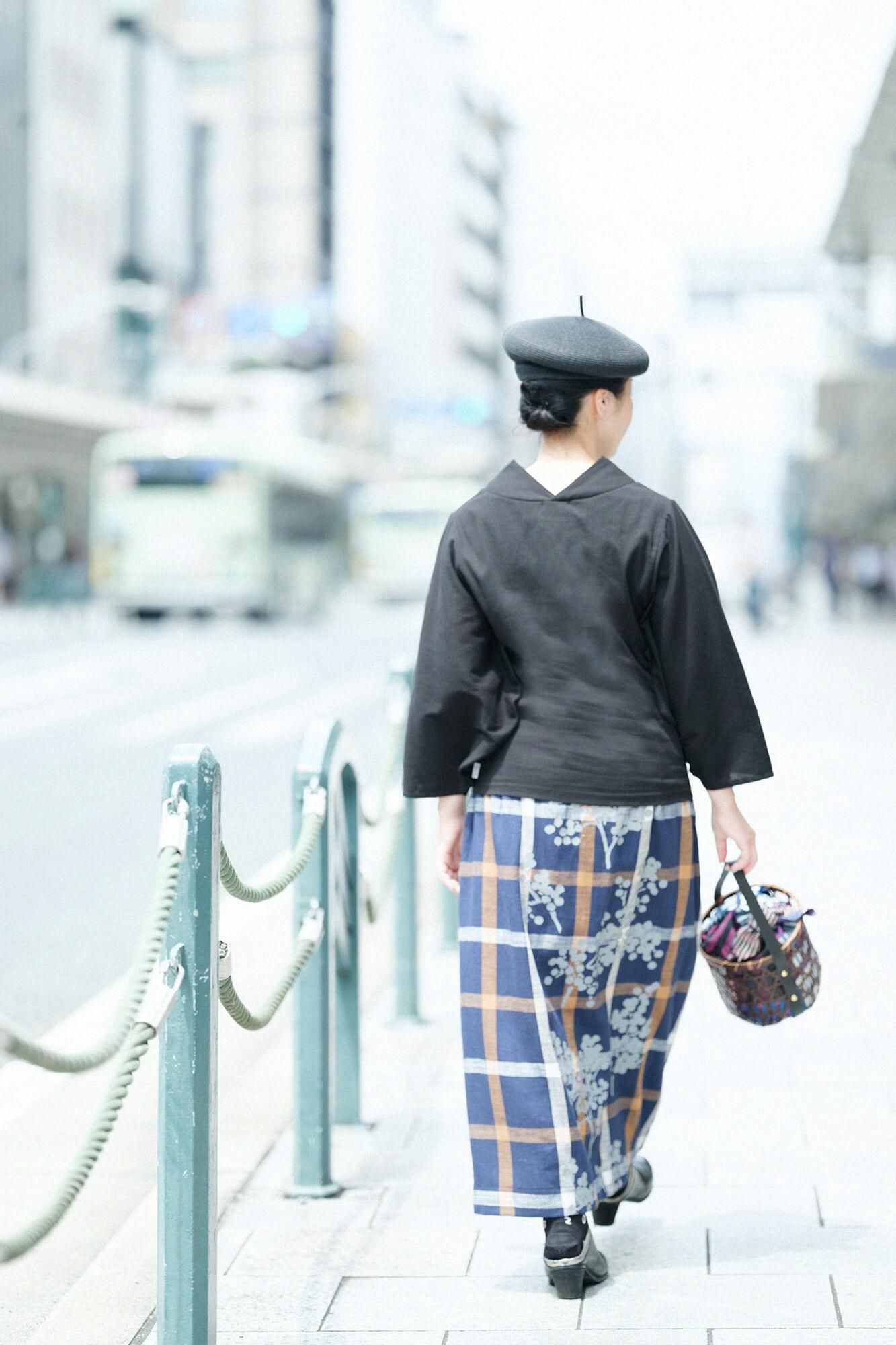 高島縮棉 40/40 和服袖上衣/黑色