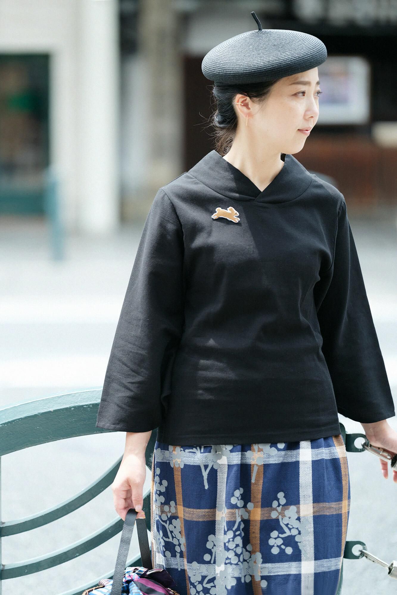 高島縮棉 40/40 和服袖上衣/黑色