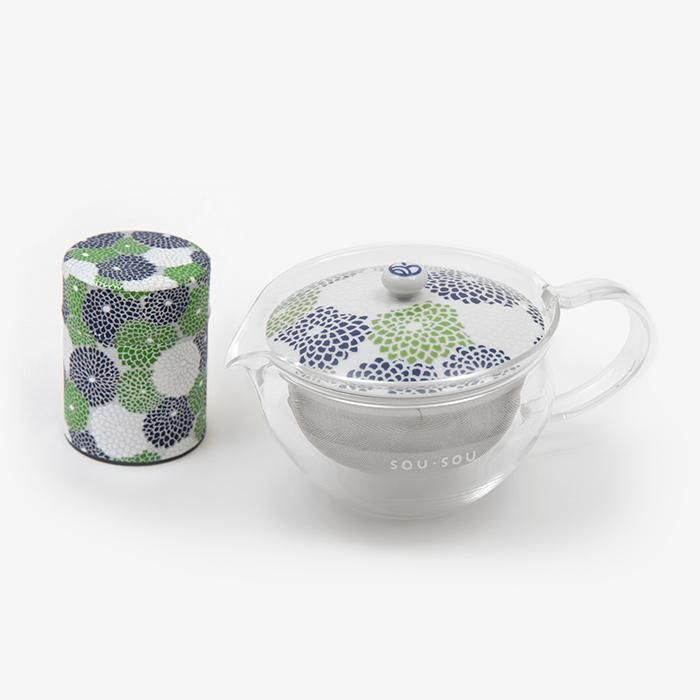 耐熱ガラス急須&茶缶セット/菊づくし