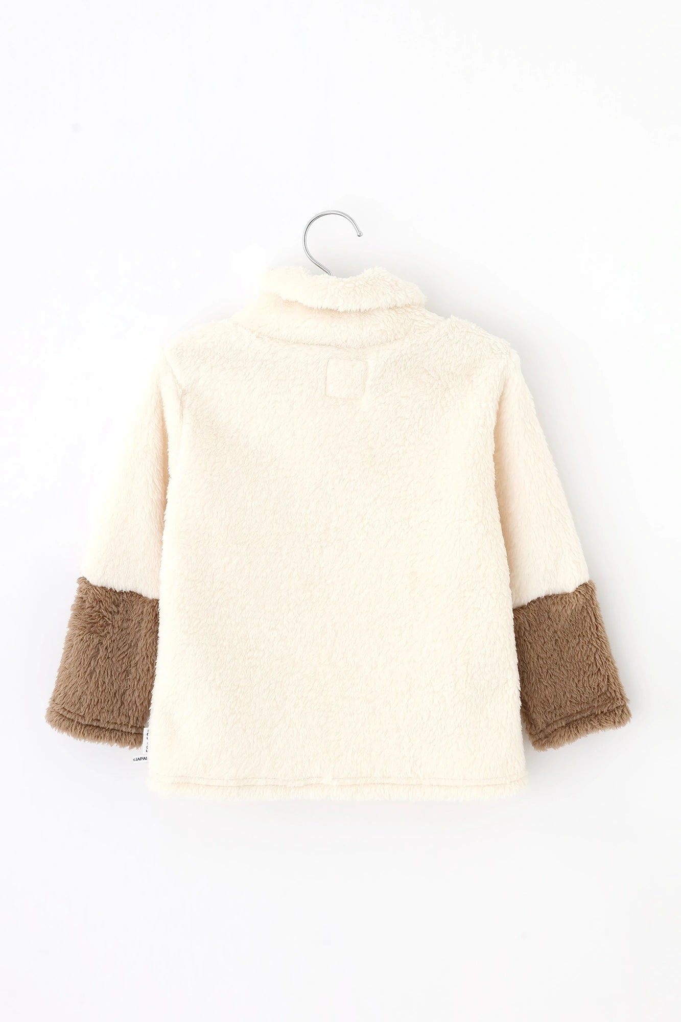 ●內抓毛 高領上衣 雙色袖/純白×茶色