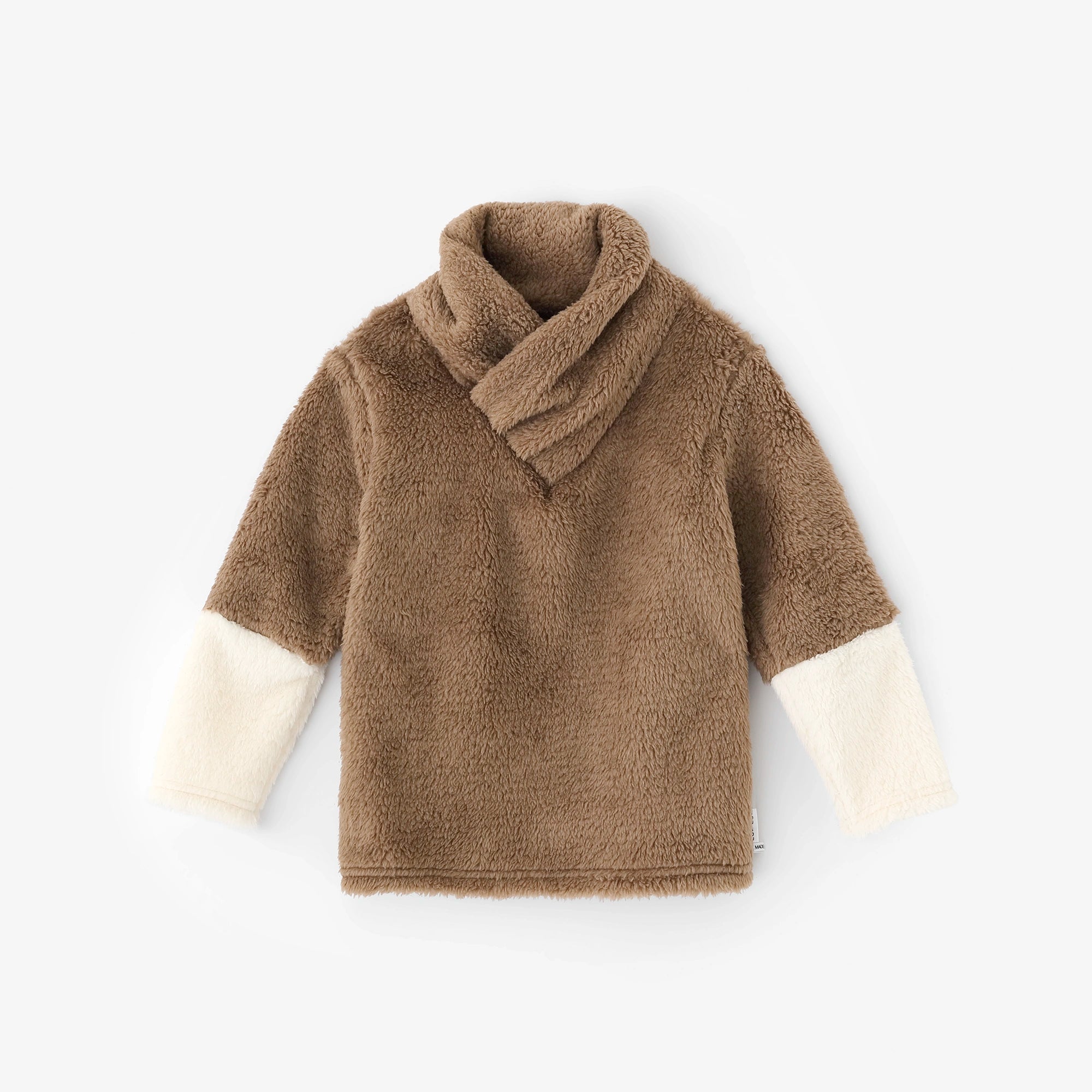 ●內抓毛 高領上衣 雙色袖/茶色×純白