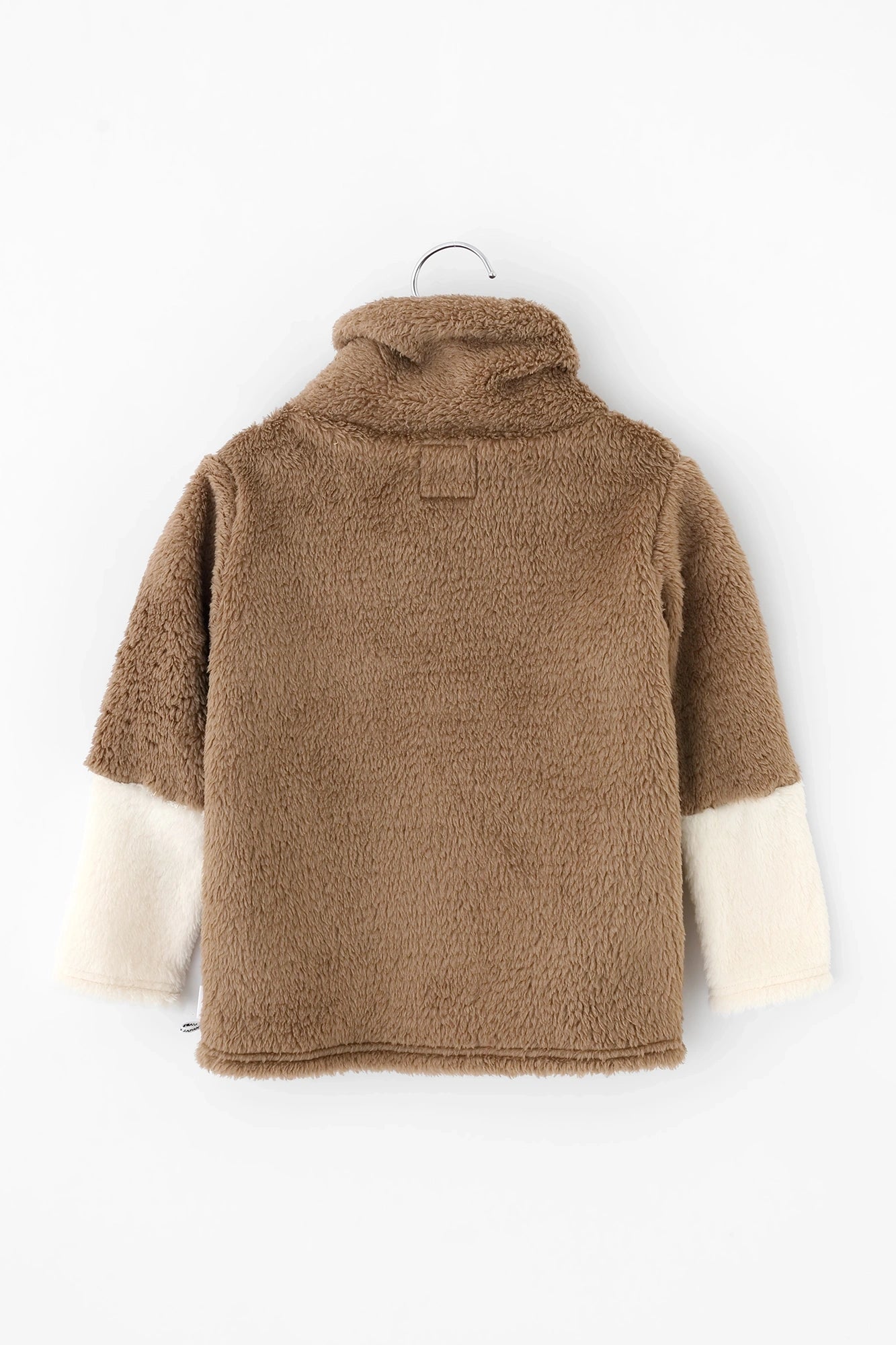 ●內抓毛 高領上衣 雙色袖/茶色×純白