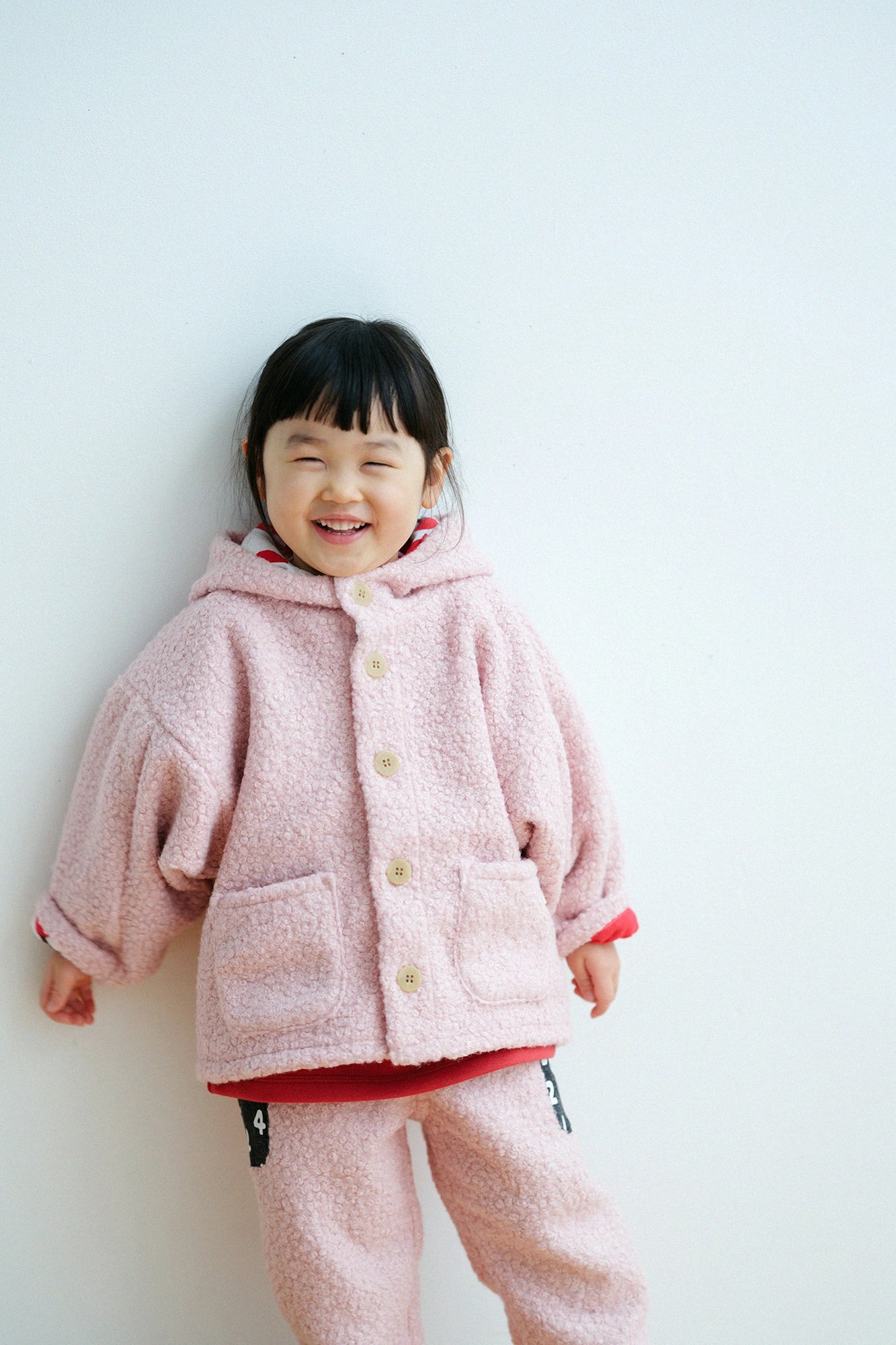 ●仿毛梯形袖連帽外套/桃色x 梅林春光