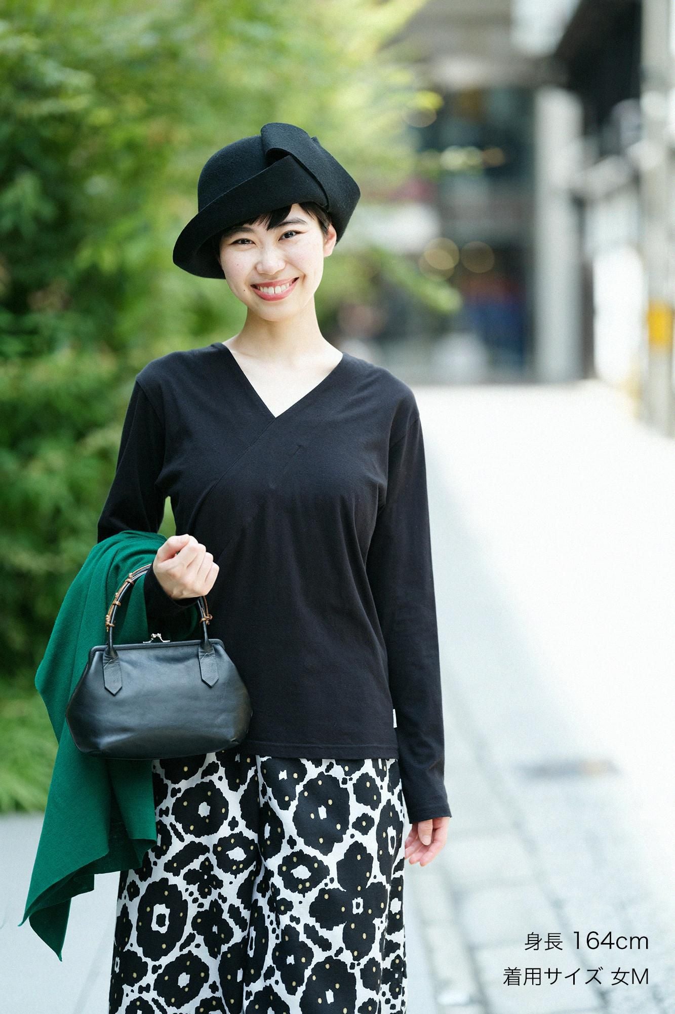 Kimono's pulled-back collarV-neck Shirt Long Sleeve/Black