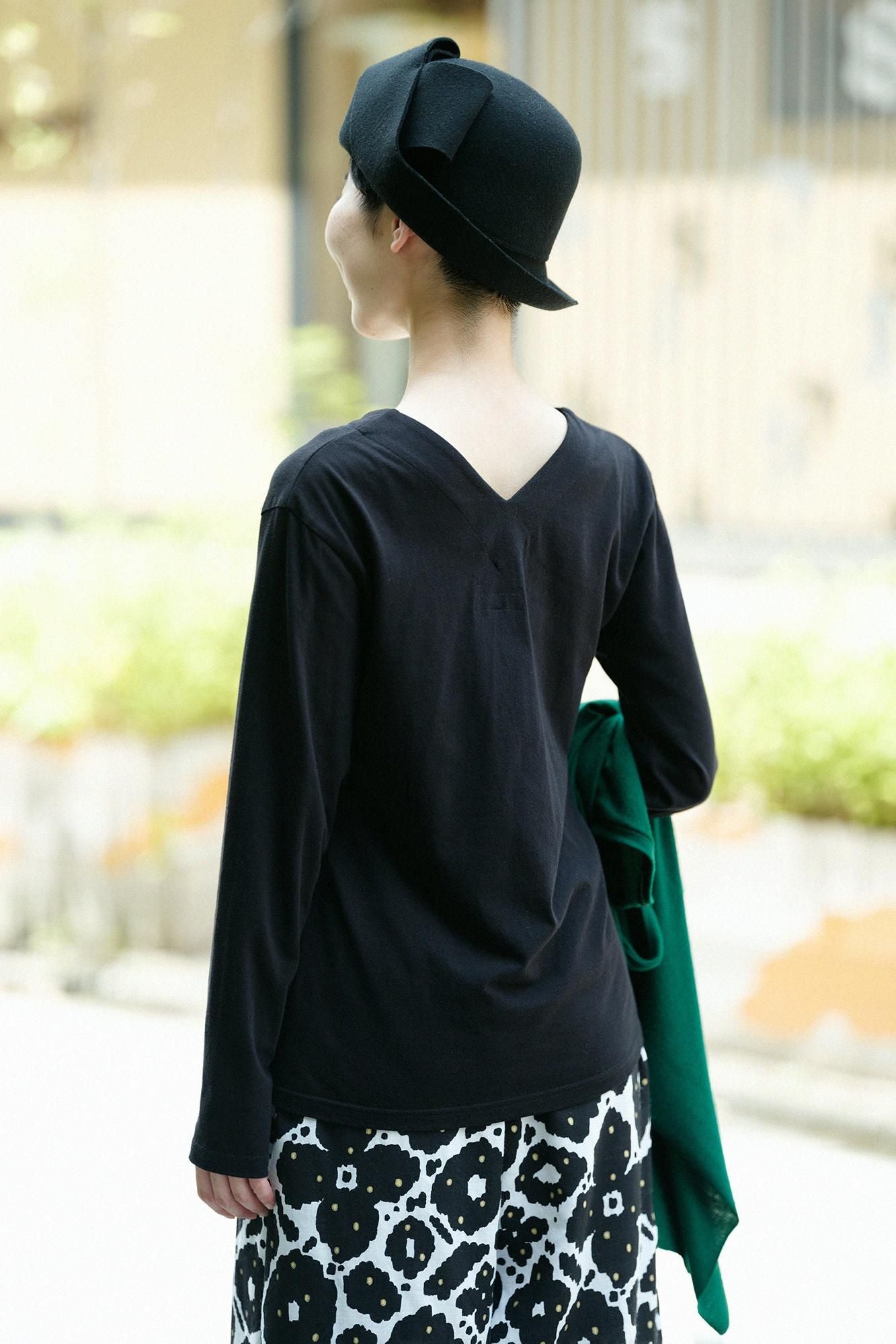Kimono's pulled-back collarV-neck Shirt Long Sleeve/Black