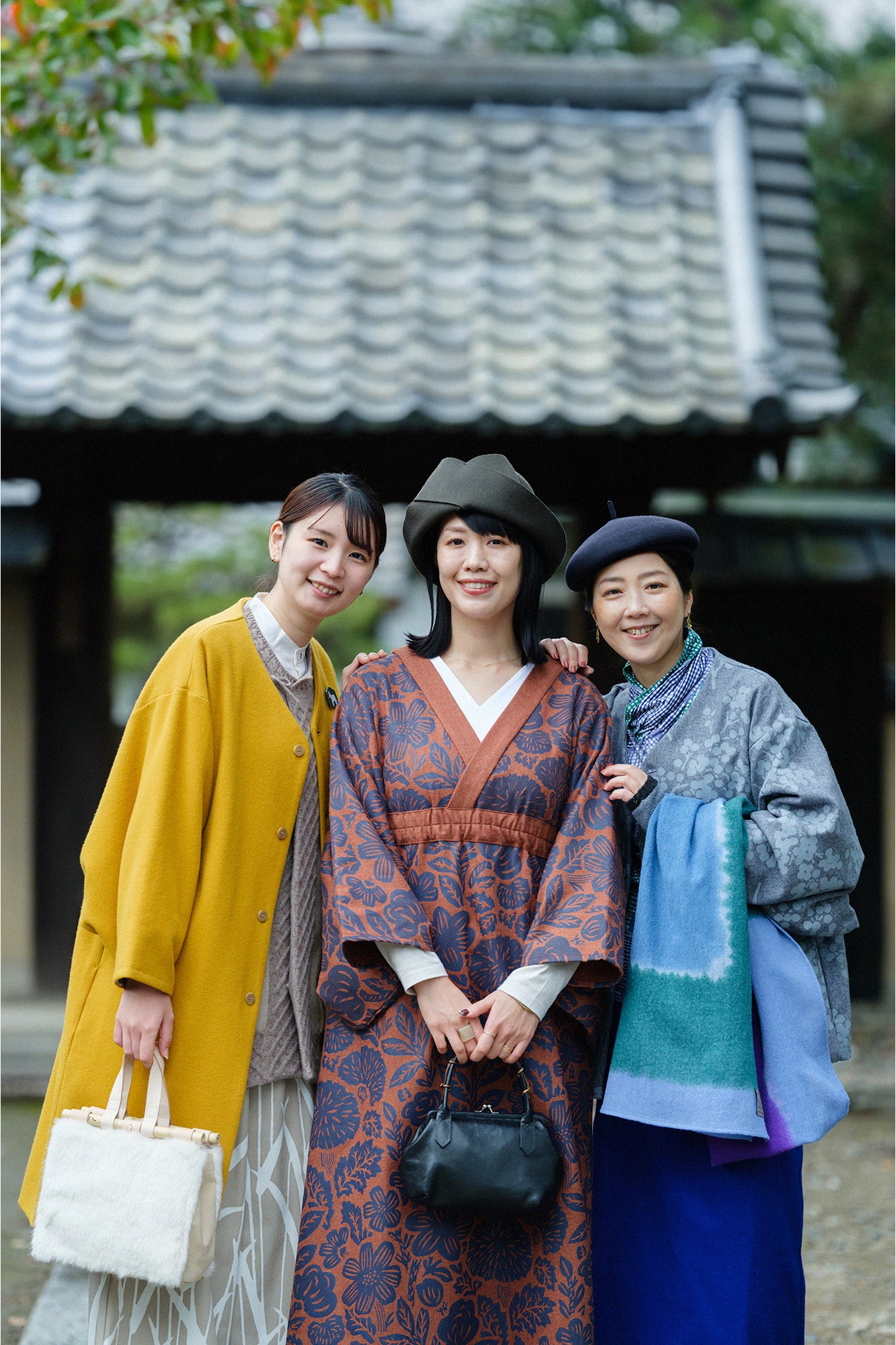 Wool Flannel Kimono Dress / Woodcut Yellowish Brown